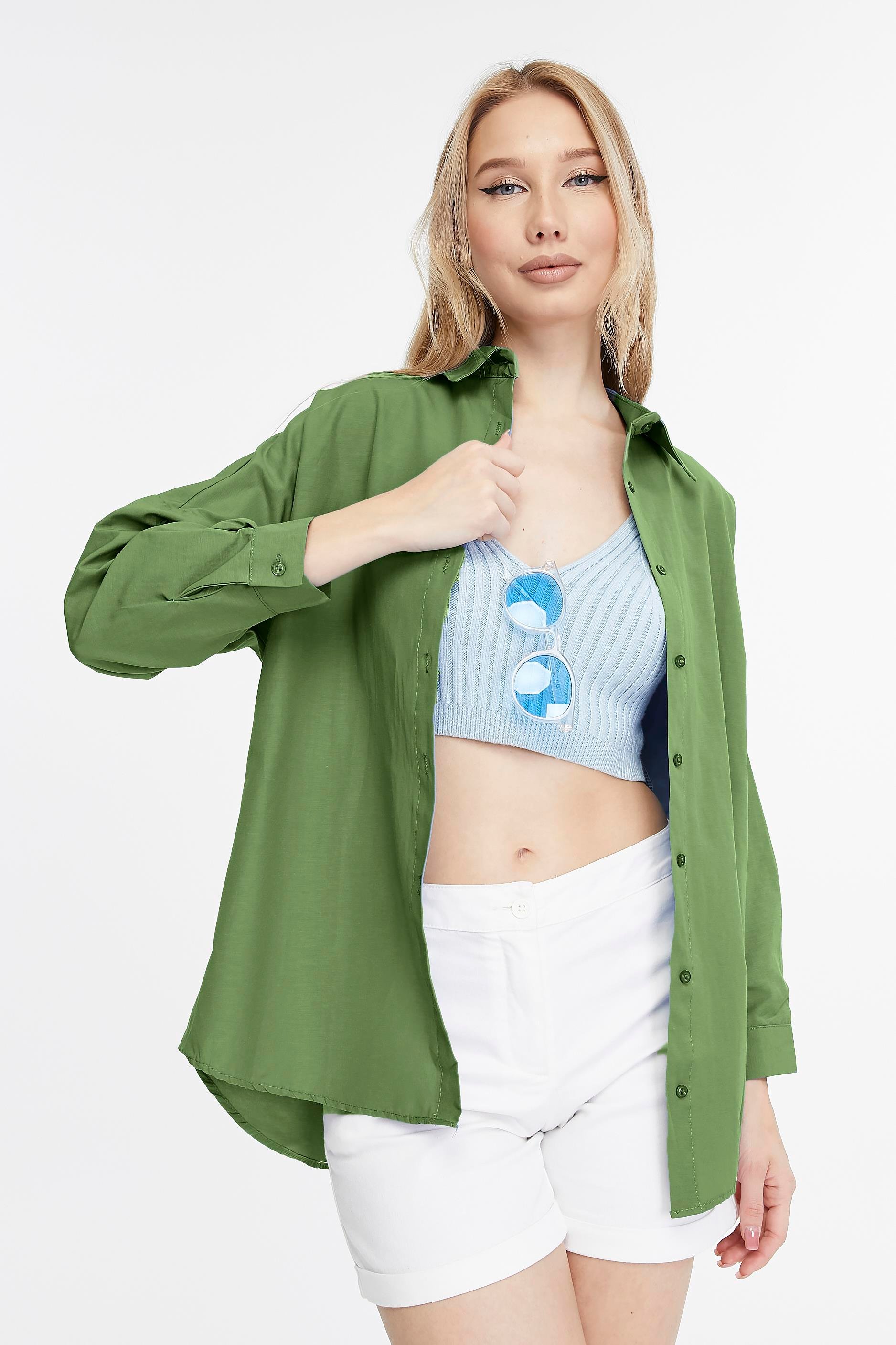 Kadın Oversize Uzun Basic Gömlek - HAKİ