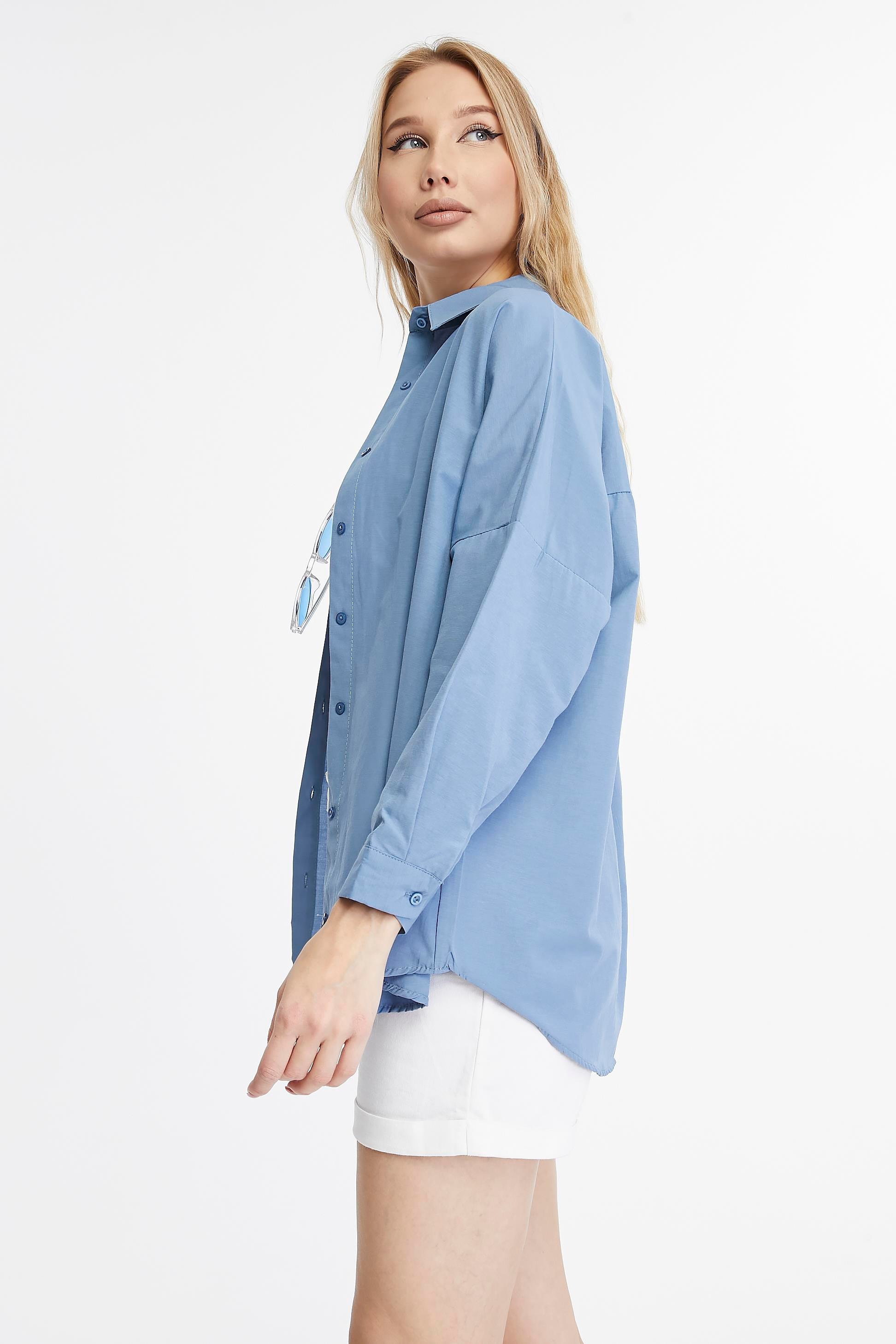 Kadın Oversize Uzun Basic Gömlek - İNDİGO
