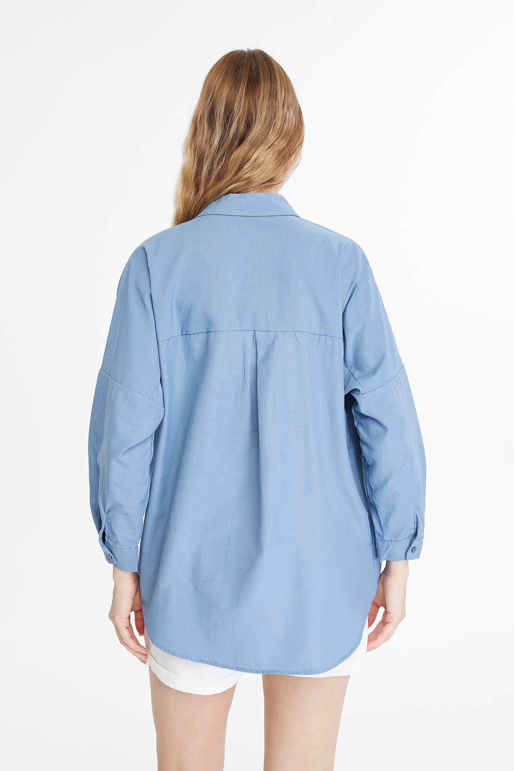 Kadın Oversize Uzun Basic Gömlek - İNDİGO