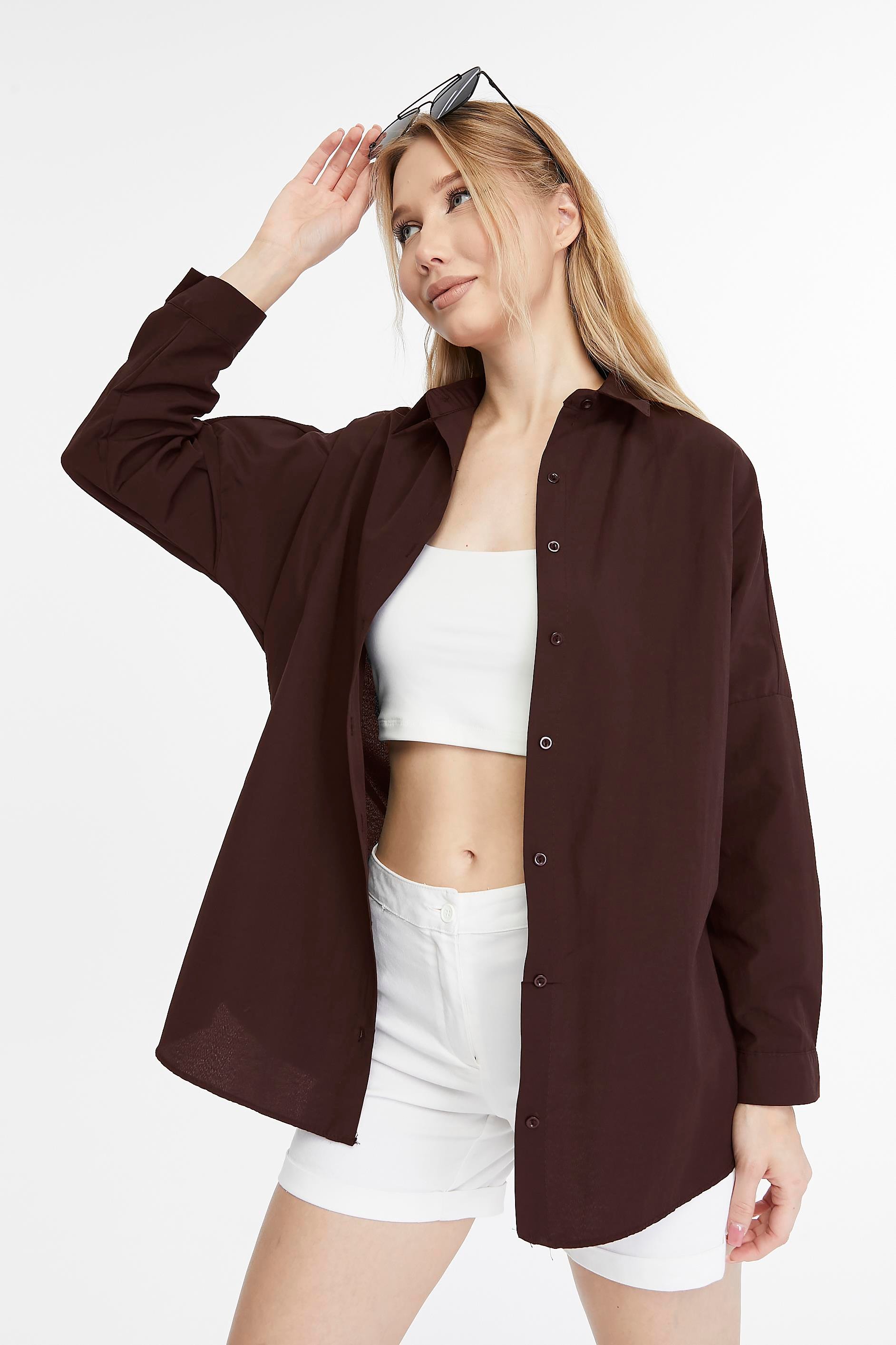 Kadın Oversize Uzun Basic Gömlek - KAHVERENGİ