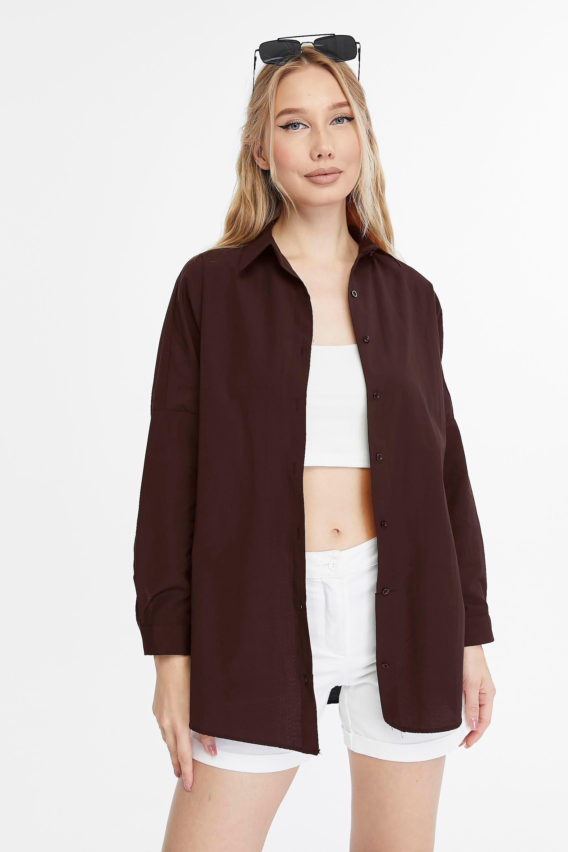 Kadın Oversize Uzun Basic Gömlek - KAHVERENGİ