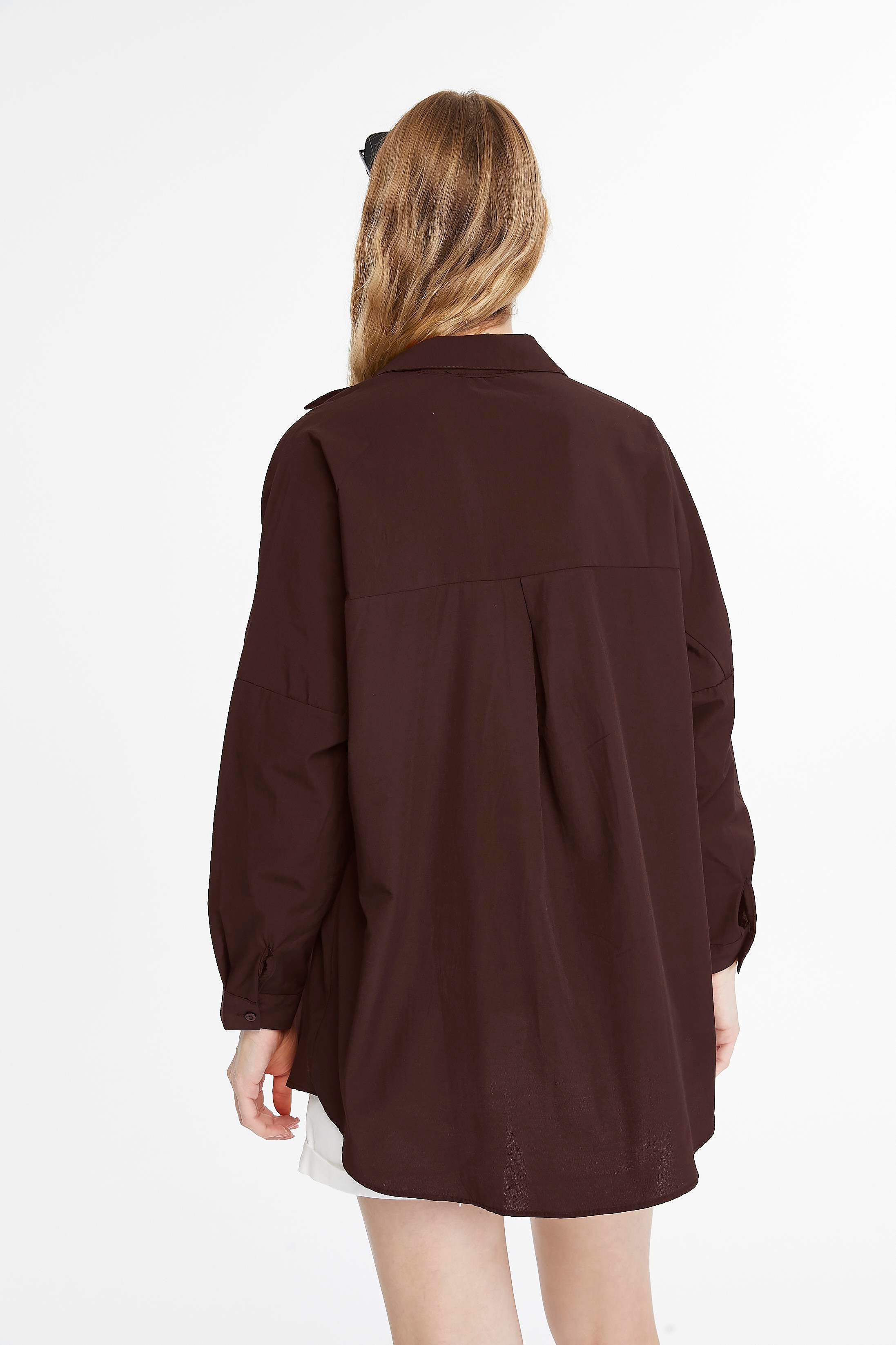 Kadın Oversize Uzun Basic Gömlek - KAHVERENGİ