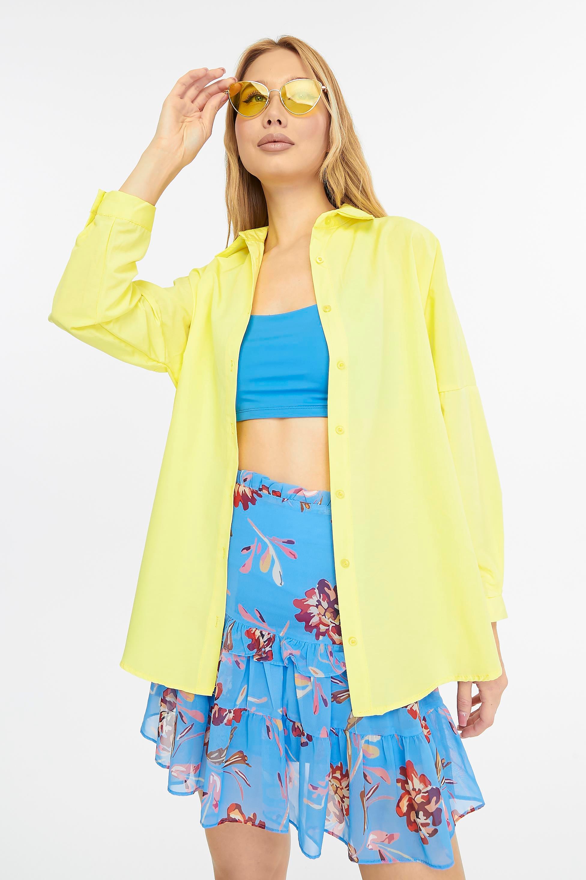 Kadın Oversize Uzun Basic Gömlek - SARI