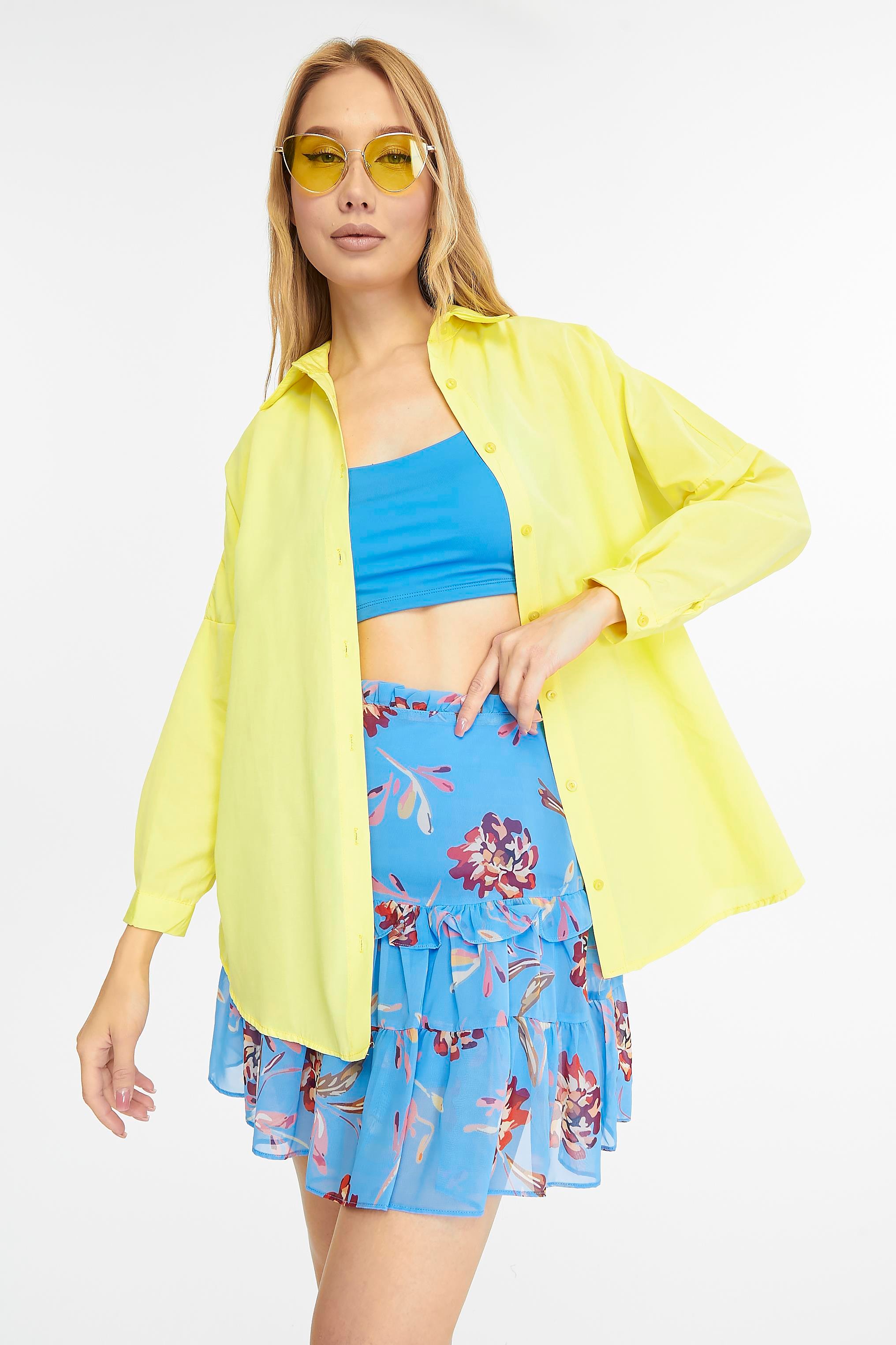 Kadın Oversize Uzun Basic Gömlek - SARI