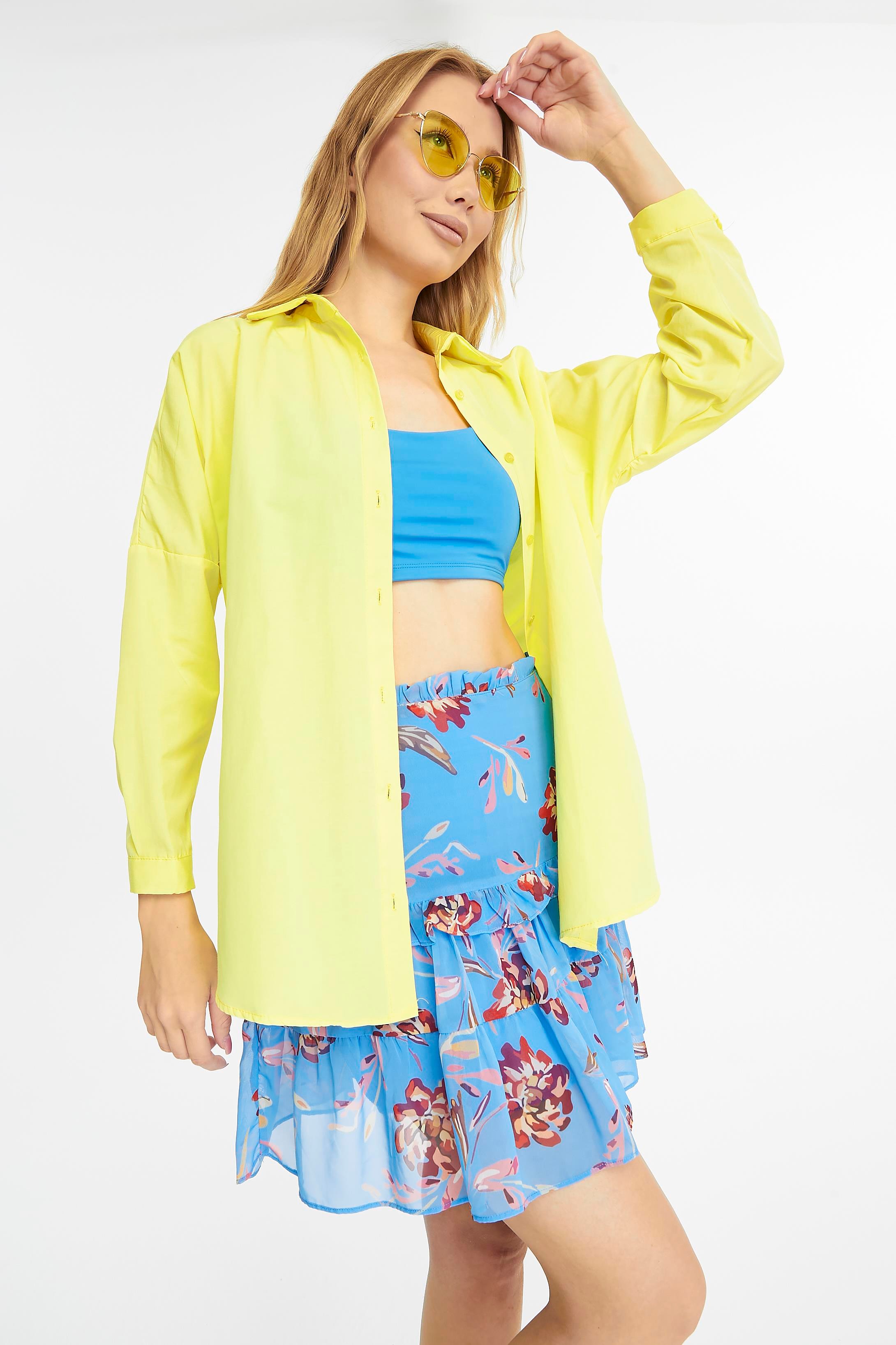Kadın Oversize Uzun Basic Gömlek - SARI