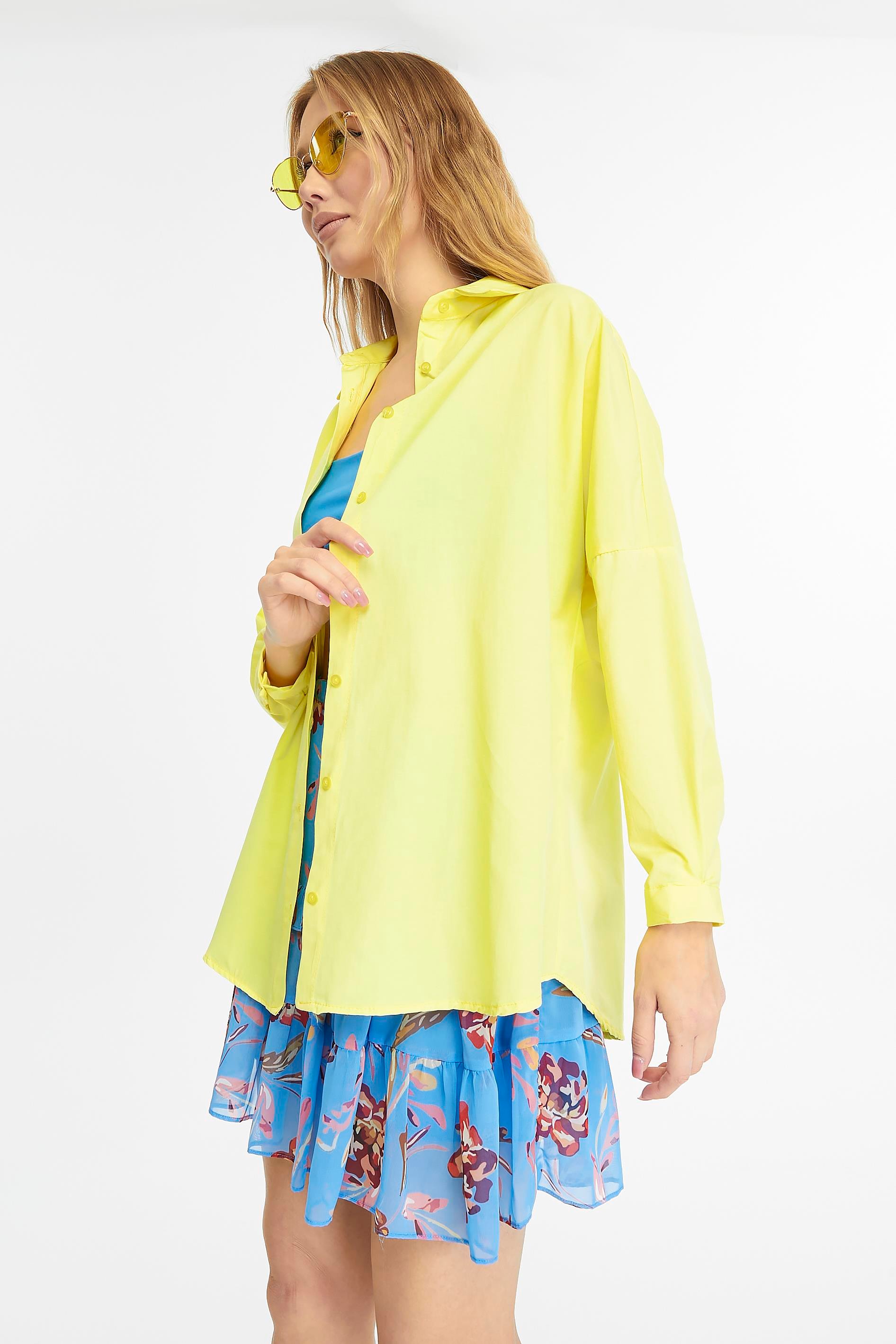 Kadın Oversize Uzun Basic Gömlek - SARI