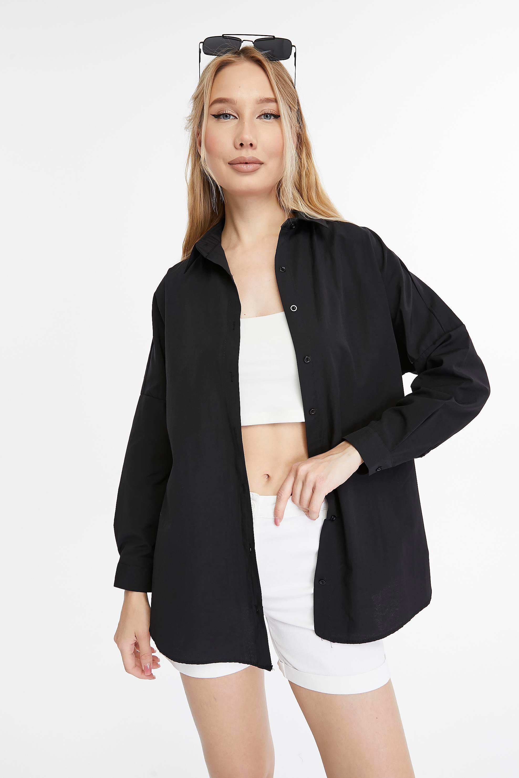 Kadın Oversize Uzun Basic Gömlek - SİYAH