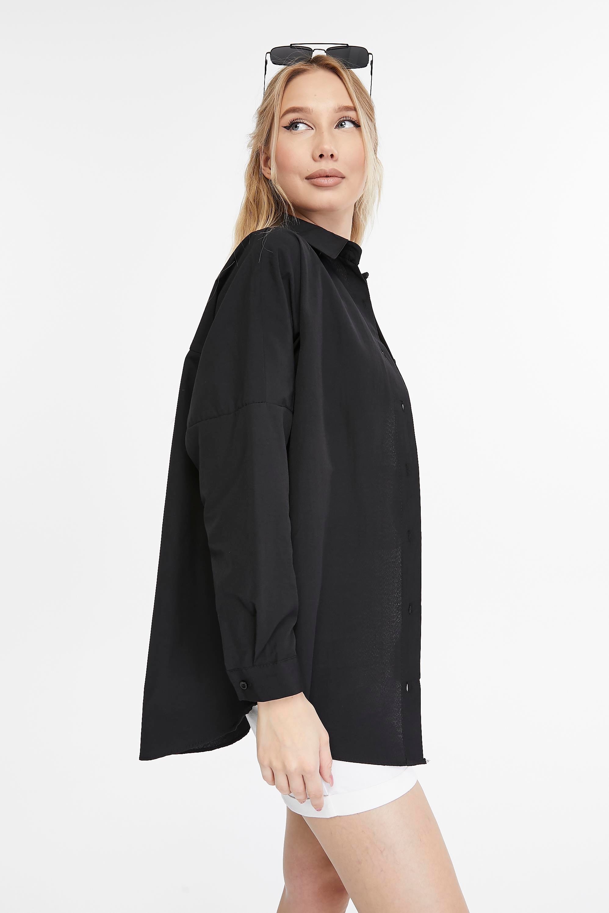 Kadın Oversize Uzun Basic Gömlek - SİYAH