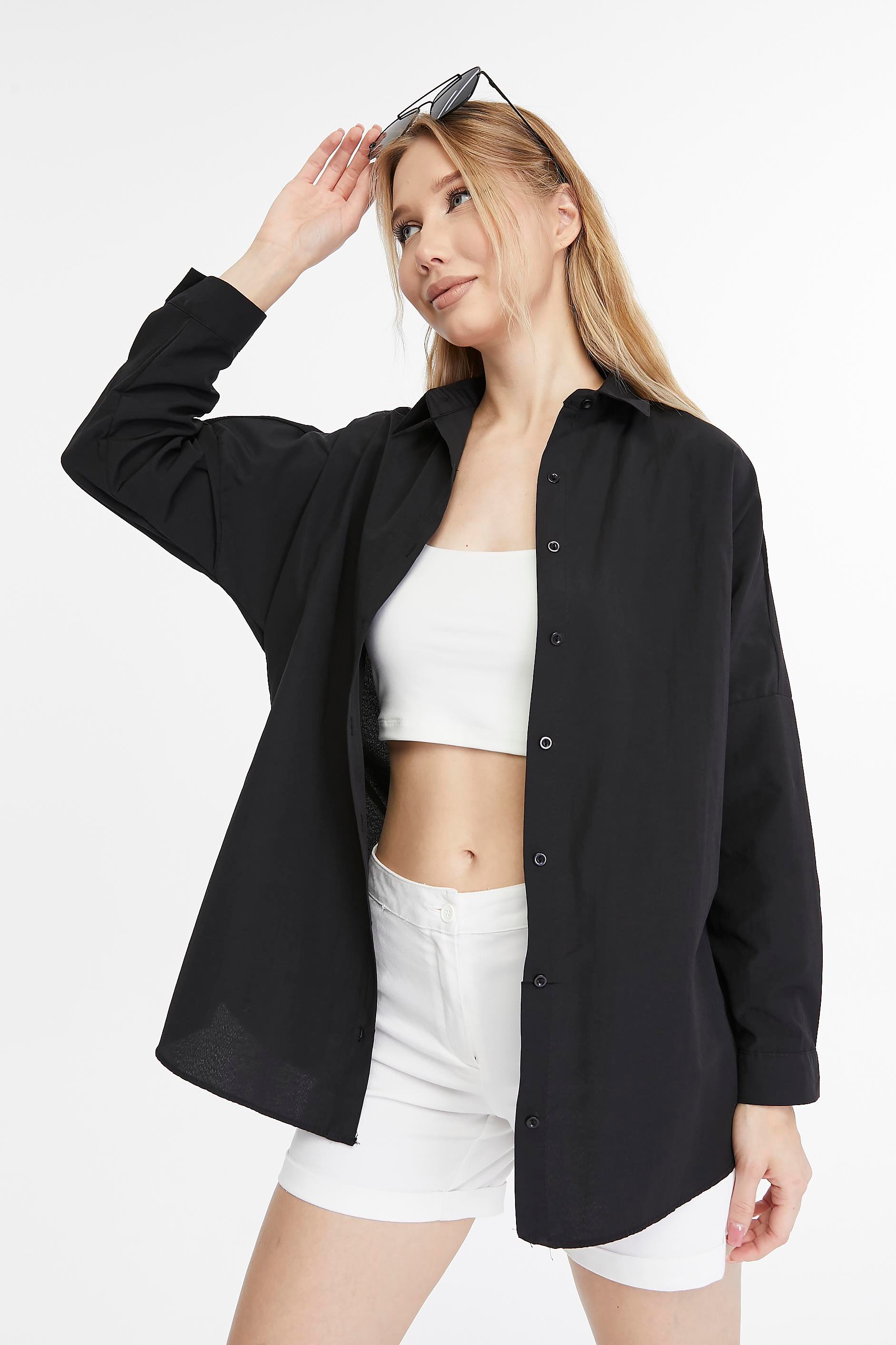 Kadın Oversize Uzun Basic Gömlek - SİYAH