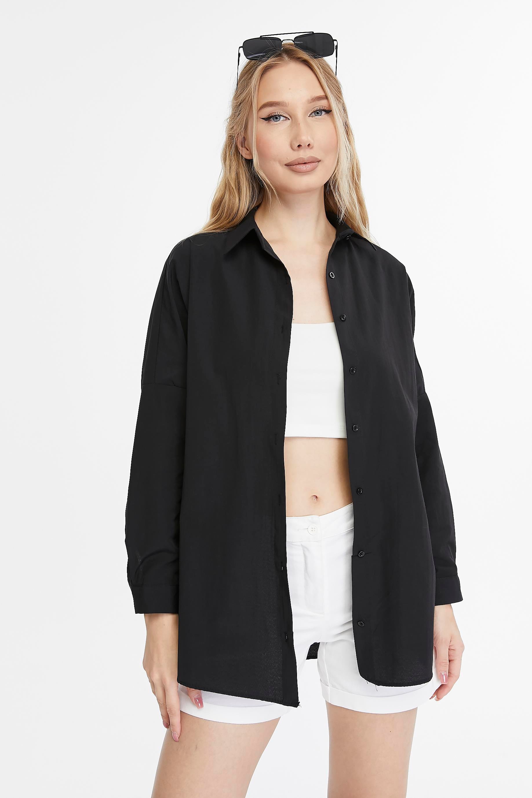 Kadın Oversize Uzun Basic Gömlek - SİYAH