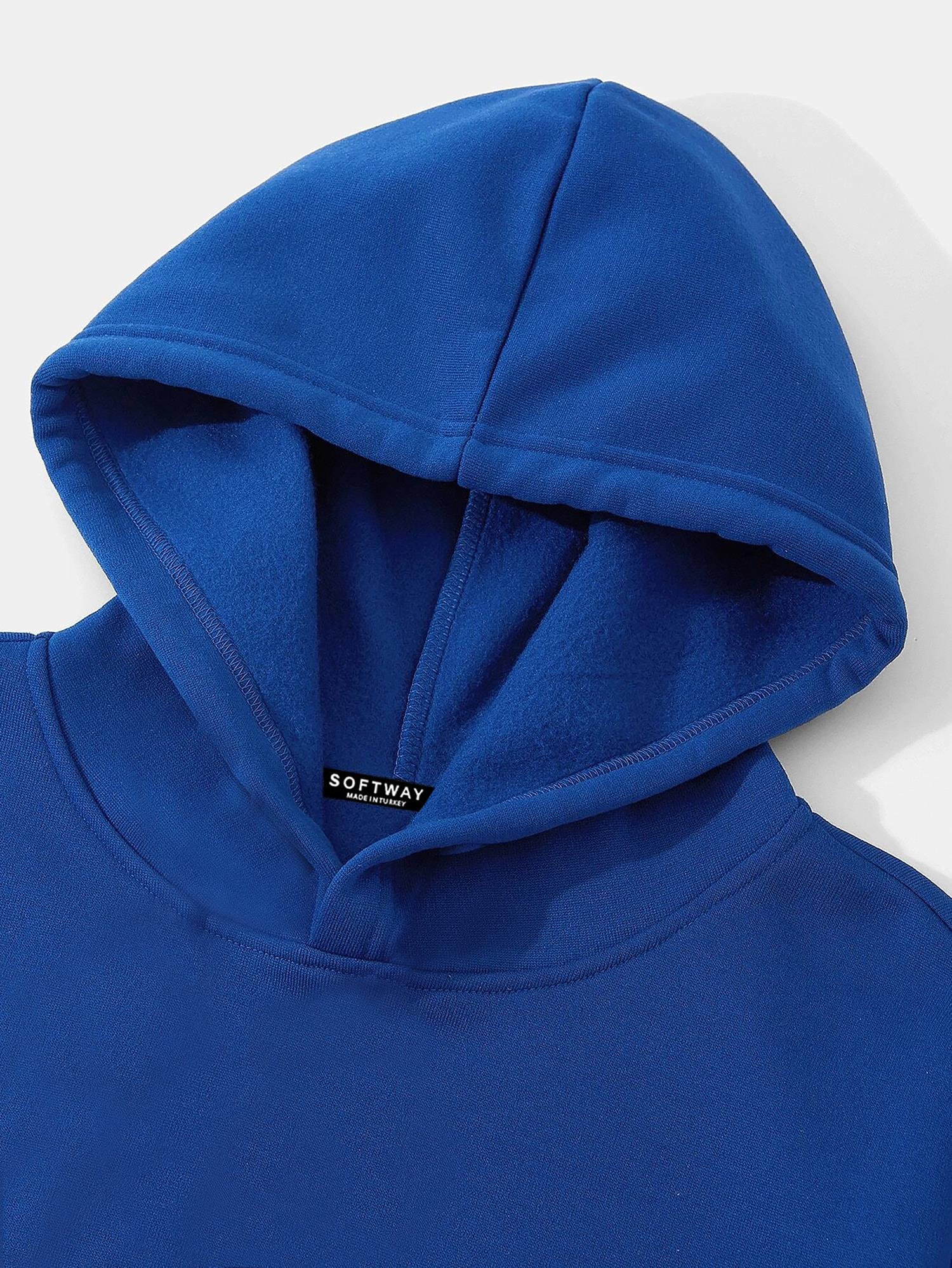 Softway Unisex Oversize Basic Düz Renk Kapüşonlu Polarlı Sweatshirt – Saks Mavisi