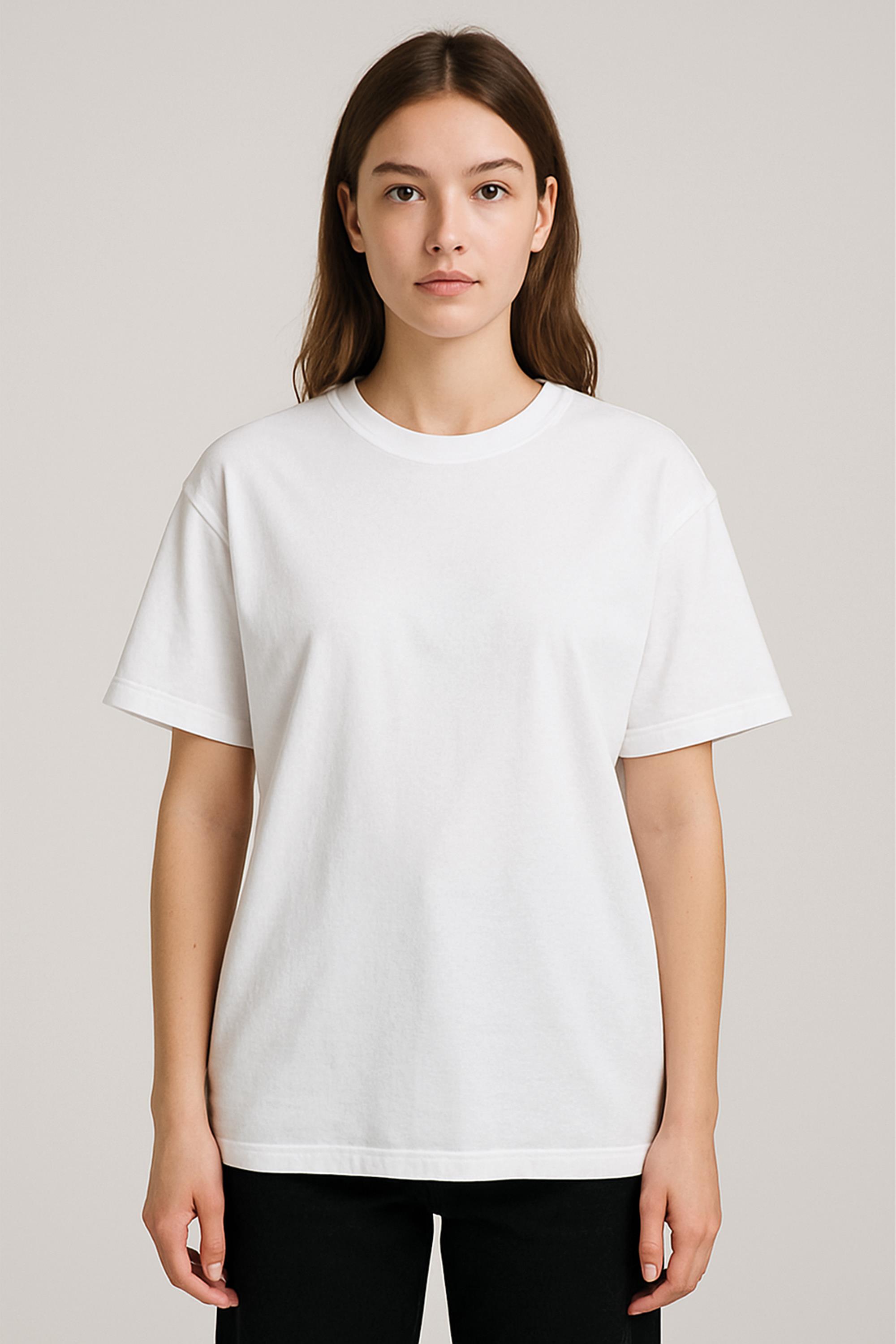 Unisex %100 Organik Pamuklu Kalın Dokulu Düz Oversize T-shirt - BEYAZ