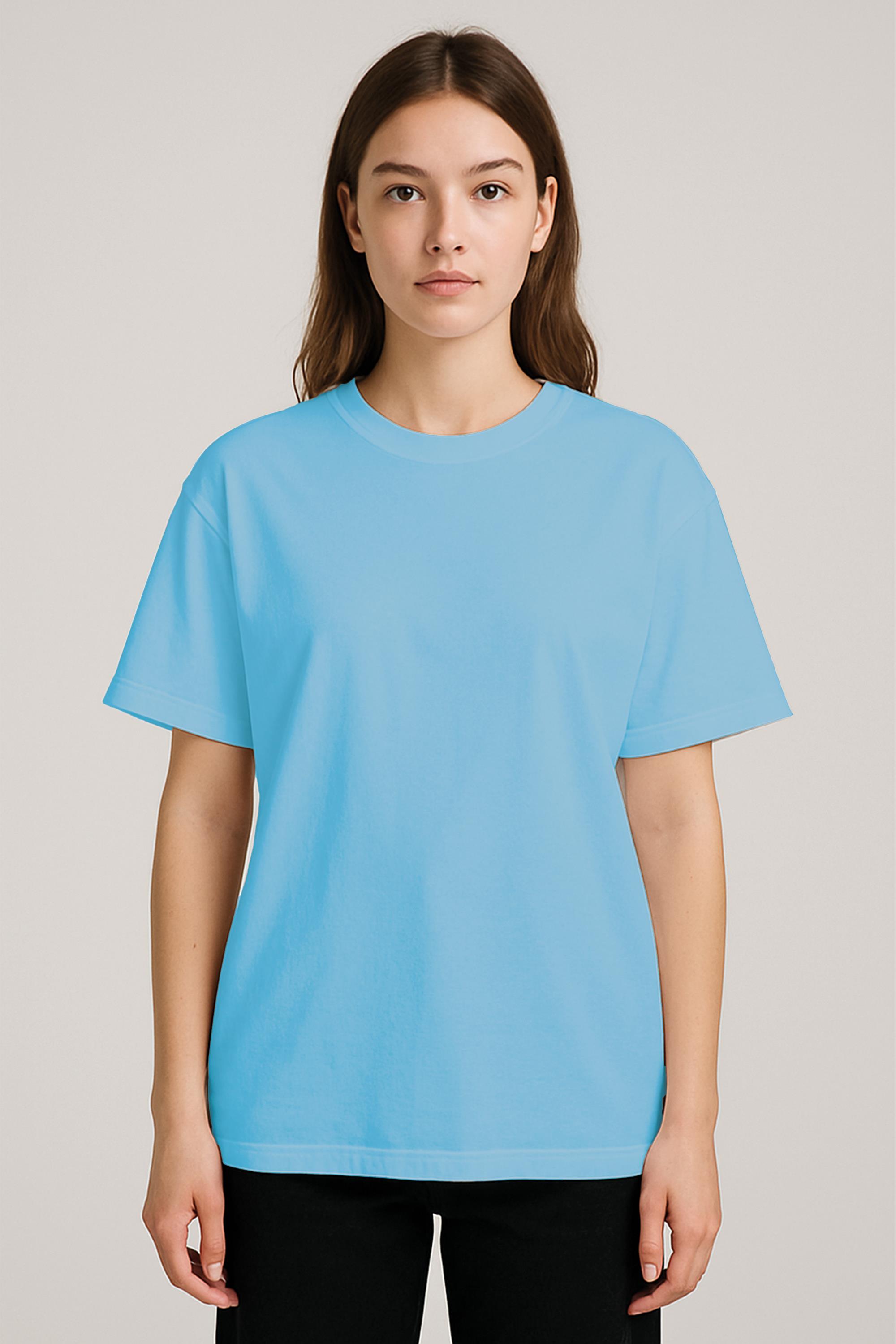 Unisex %100 Organik Pamuklu Kalın Dokulu Düz Oversize T-shirt - MAVİ