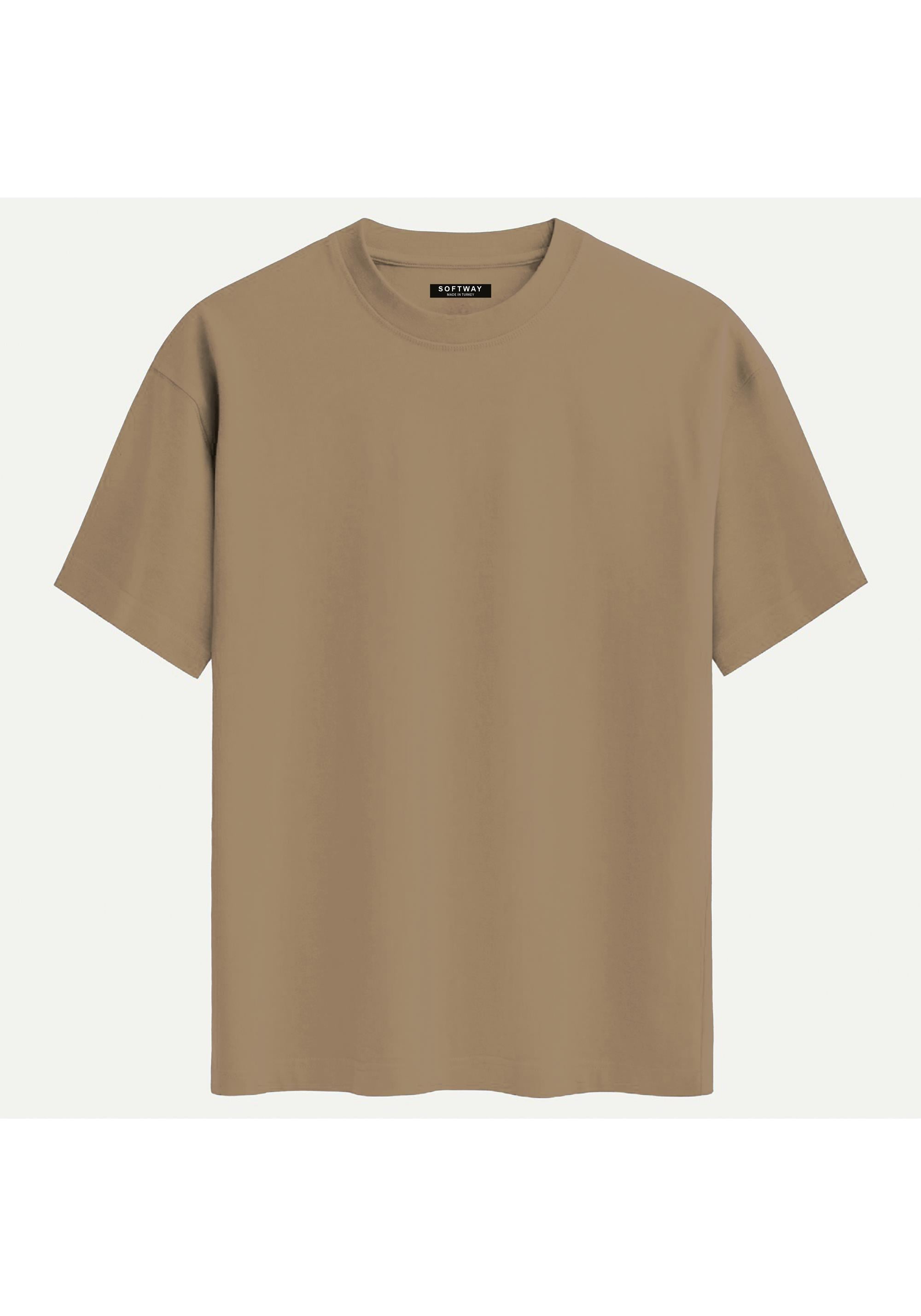 Unisex %100 Organik Pamuklu Kalın Dokulu Düz Oversize T-shirt - AÇIK KAHVERENGİ