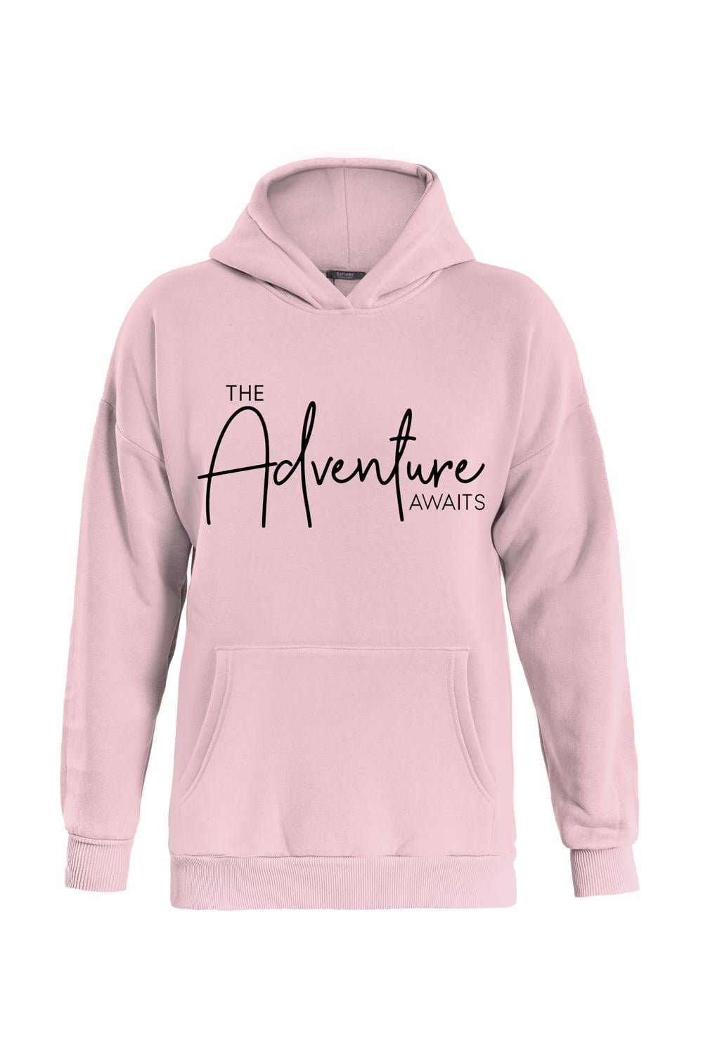 Unisex Adventure Baskılı Kapüşonlu İçi Yumuşak Polarlı Oversize Sweatshirt - PEMBE