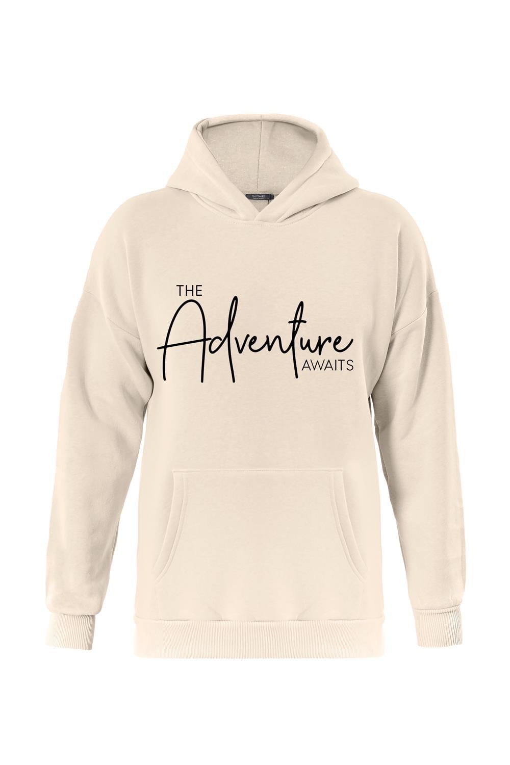 Unisex Adventure Baskılı Kapüşonlu İçi Yumuşak Polarlı Oversize Sweatshirt - BEJ