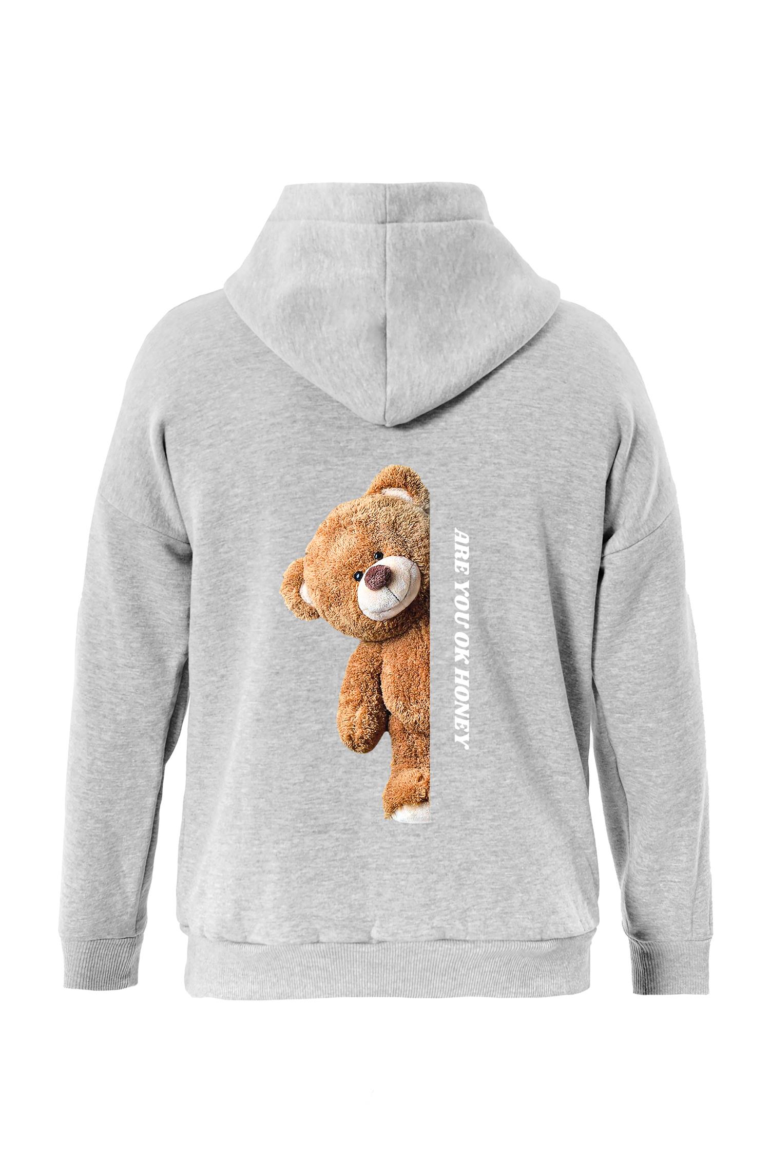 Unisex Are You Ok Honey Baskılı Kapüşonlu İçi Yumuşak Polarlı Oversize Sweatshirt - GRİ