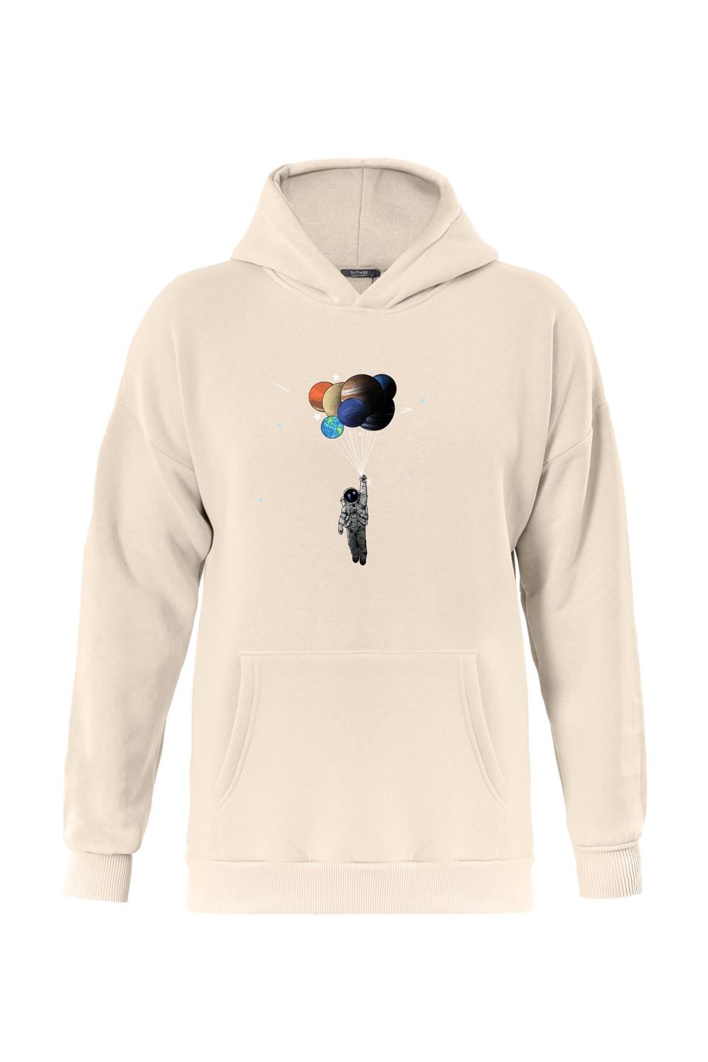 Unisex Balloon Astronaut Baskılı Kapüşonlu İçi Yumuşak Polarlı Oversize Sweatshirt - BEJ