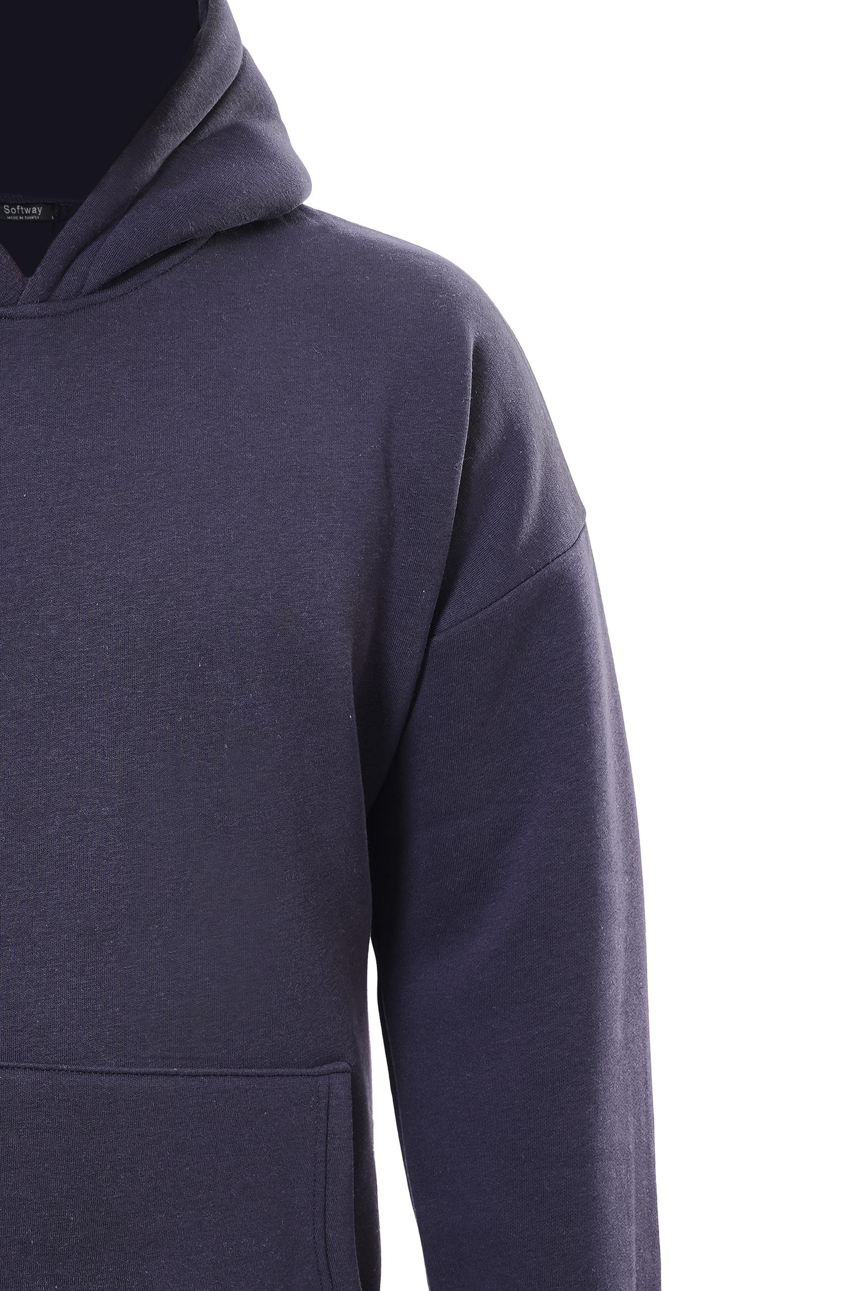 Unisex Basic Düz Renk Kapüşonlu İçi Yumuşak Polarlı Oversize Sweatshirt - LACİVERT