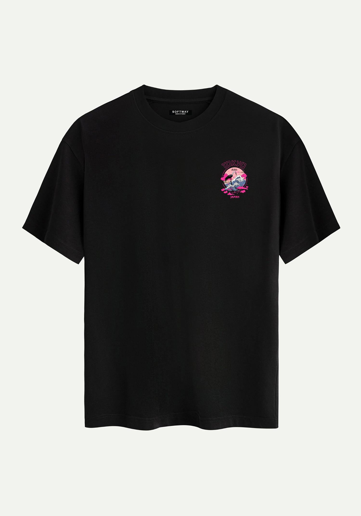 Unisex Bisiklet Yaka %100 Organik Pamuklu Kalın Dokulu Tokyo Baskılı Oversize T-shirt - SİYAH