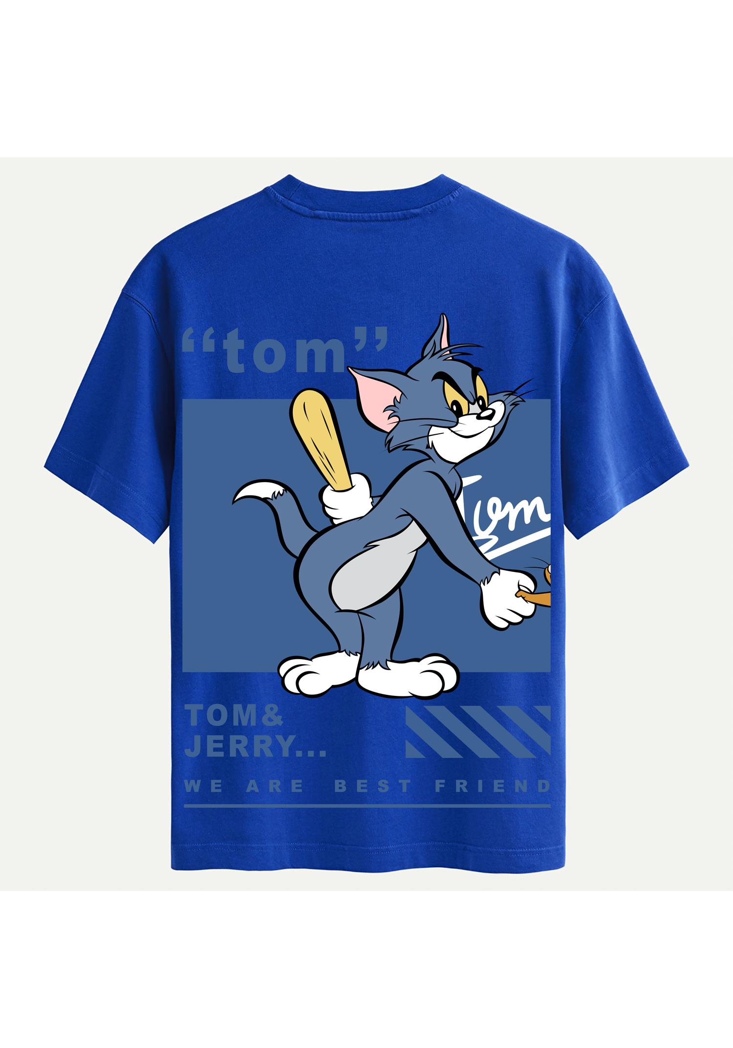 Unisex Bisiklet Yaka %100 Organik Pamuklu Kalın Dokulu Tom Baskılı Oversize T-shirt - SAKS MAVİSİ