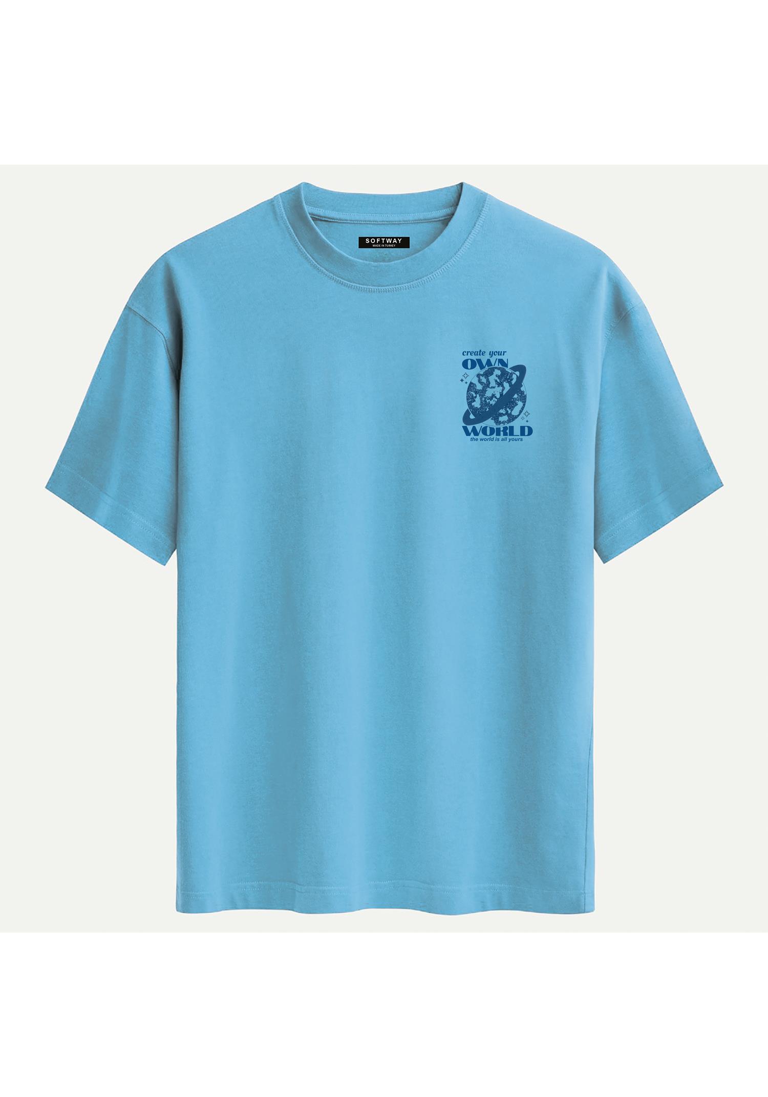 Unisex Bisiklet Yaka %100 Organik Pamuklu Kalın Dokulu Own World Baskılı Oversize T-shirt - MAVİ