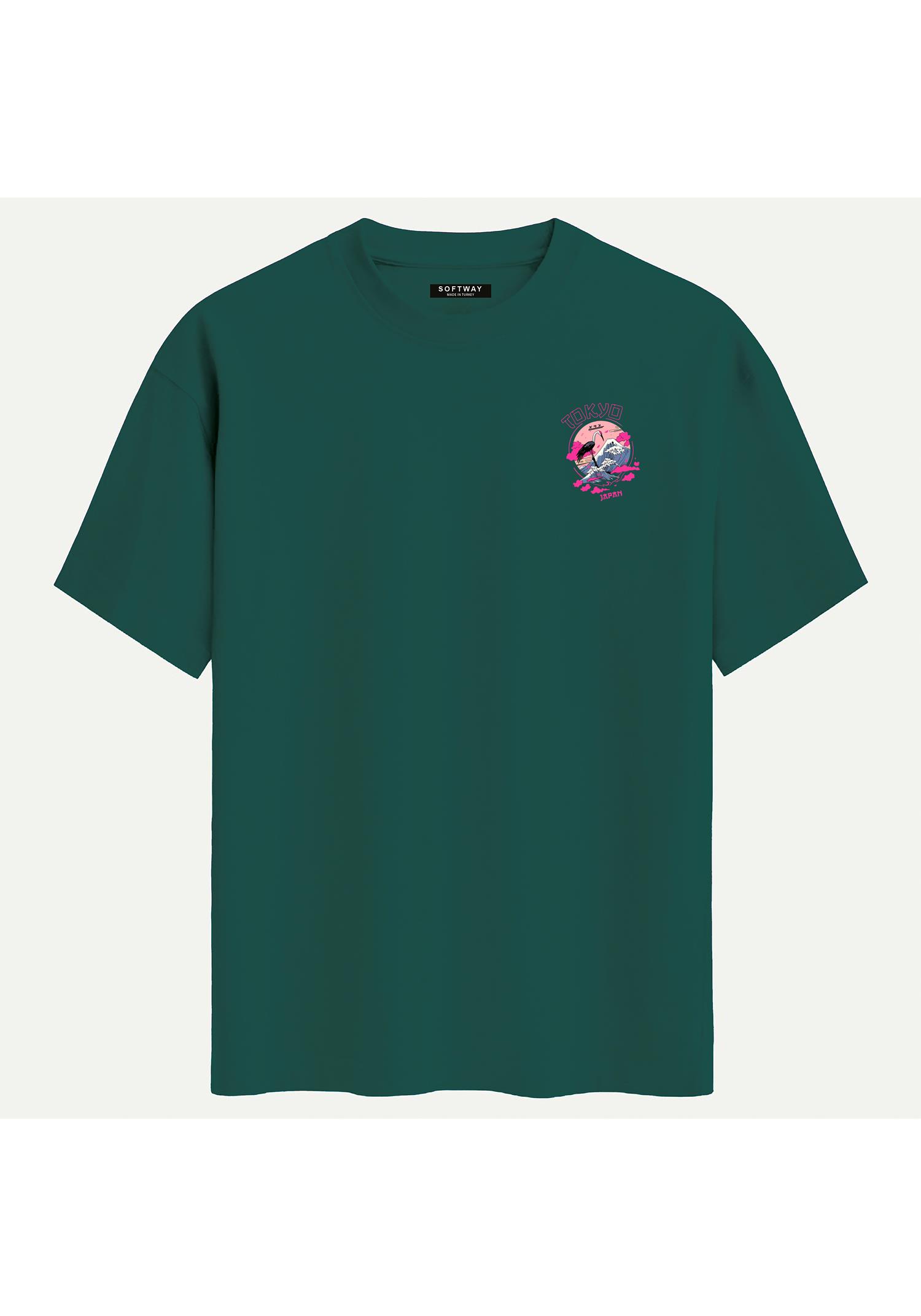 Unisex Bisiklet Yaka %100 Organik Pamuklu Kalın Dokulu Tokyo Baskılı Oversize T-shirt - KOYU YEŞİL