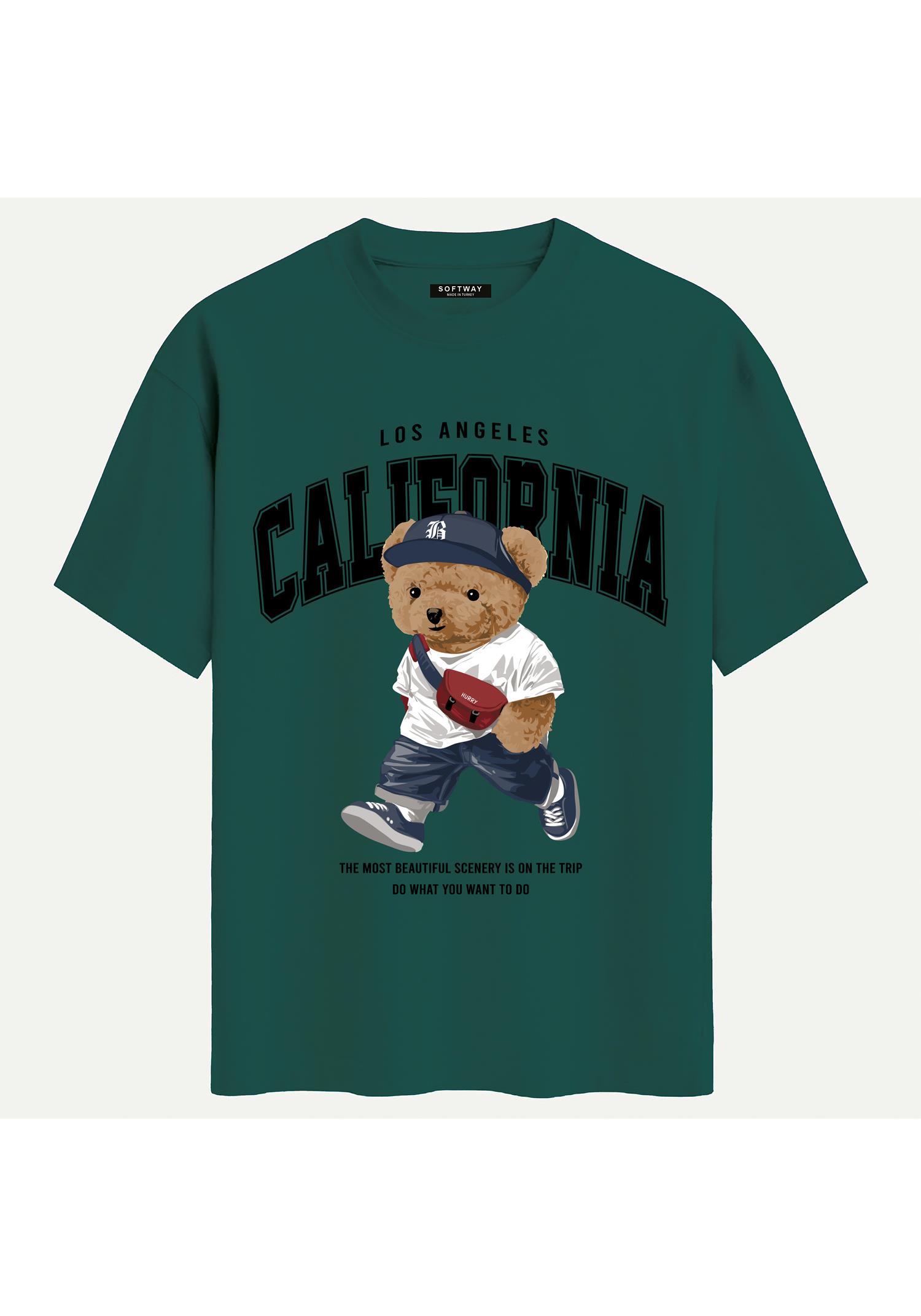 Unisex Bisiklet Yaka %100 Organik Pamuklu Kalın Dokulu California Baskılı Oversize T-shirt - KOYU YEŞİL