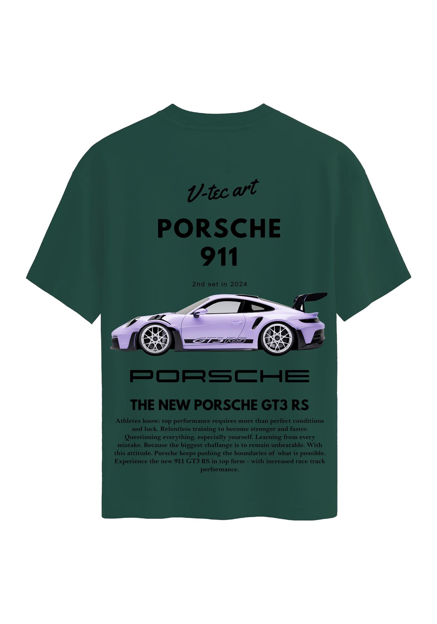 Unisex Bisiklet Yaka %100 Organik Pamuklu Kalın Dokulu Porsche 911 Baskılı Oversize T-shirt - KOYU YEŞİL