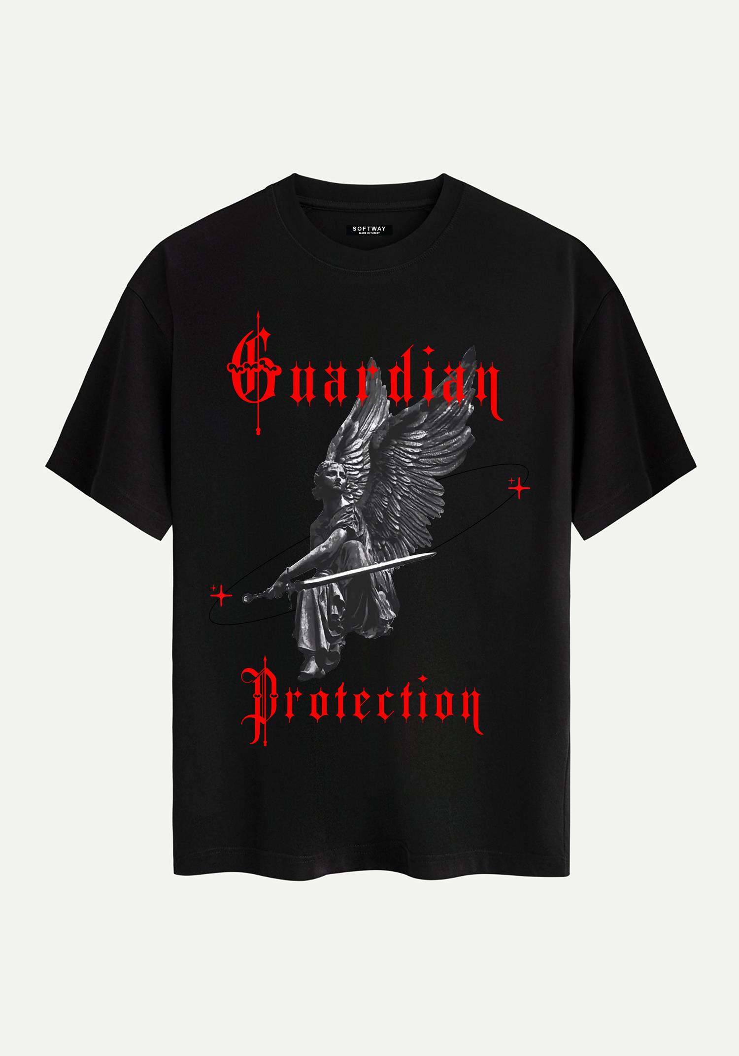 Unisex Bisiklet Yaka %100 Organik Pamuklu Kalın Dokulu Guardian Protection Baskılı Oversize T-shirt - SİYAH