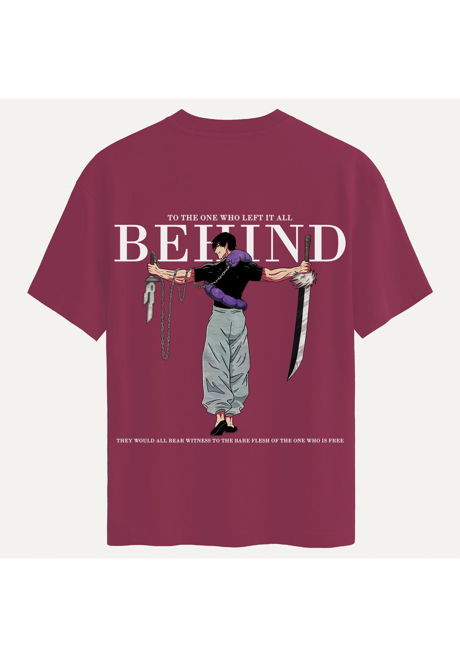 Unisex Bisiklet Yaka %100 Organik Pamuklu Kalın Dokulu Behind Baskılı Oversize T-shirt - BORDO