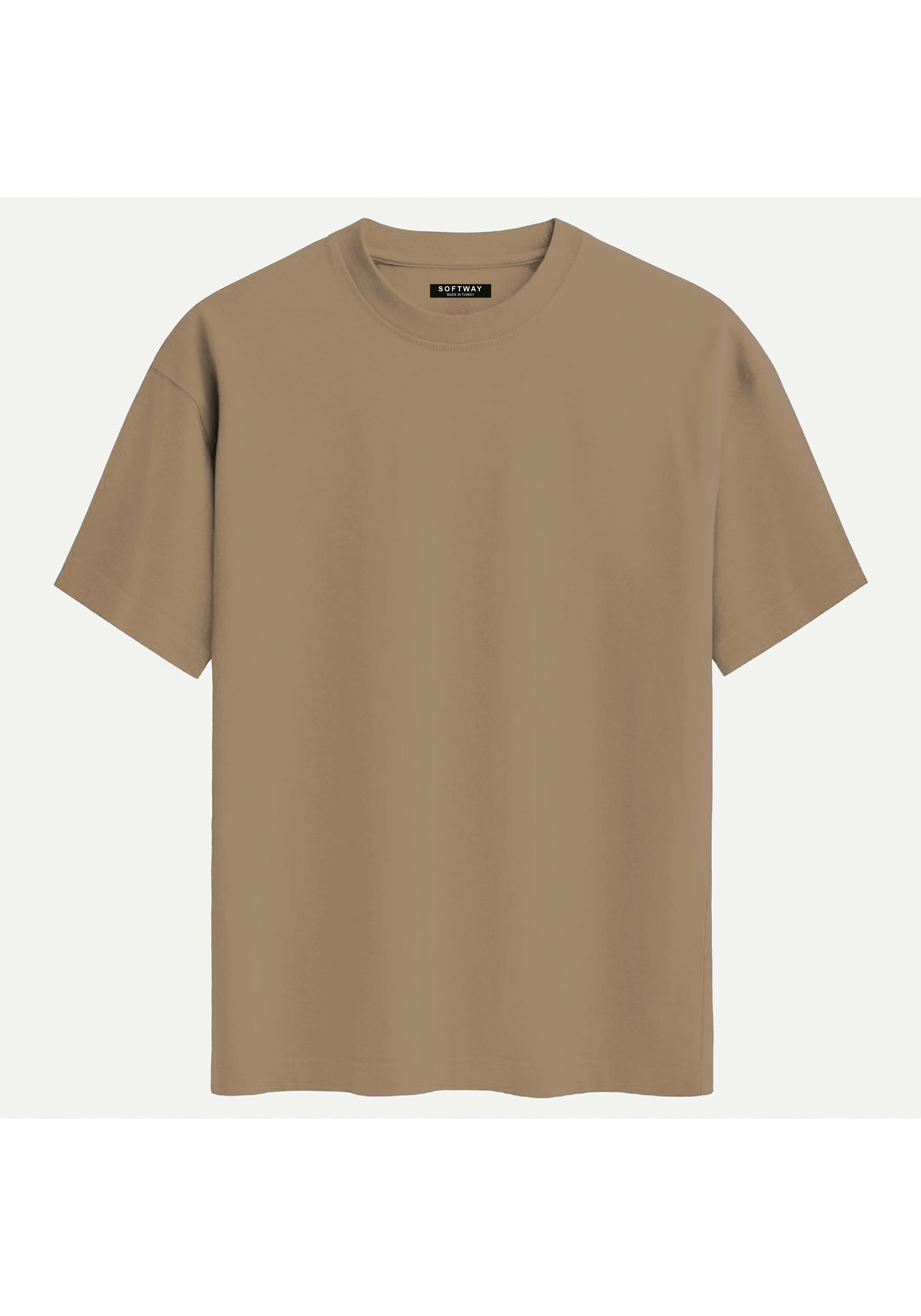 Unisex Bisiklet Yaka %100 Organik Pamuklu Kalın Dokulu Porsche 911 Baskılı Oversize T-shirt - AÇIK KAHVERENGİ