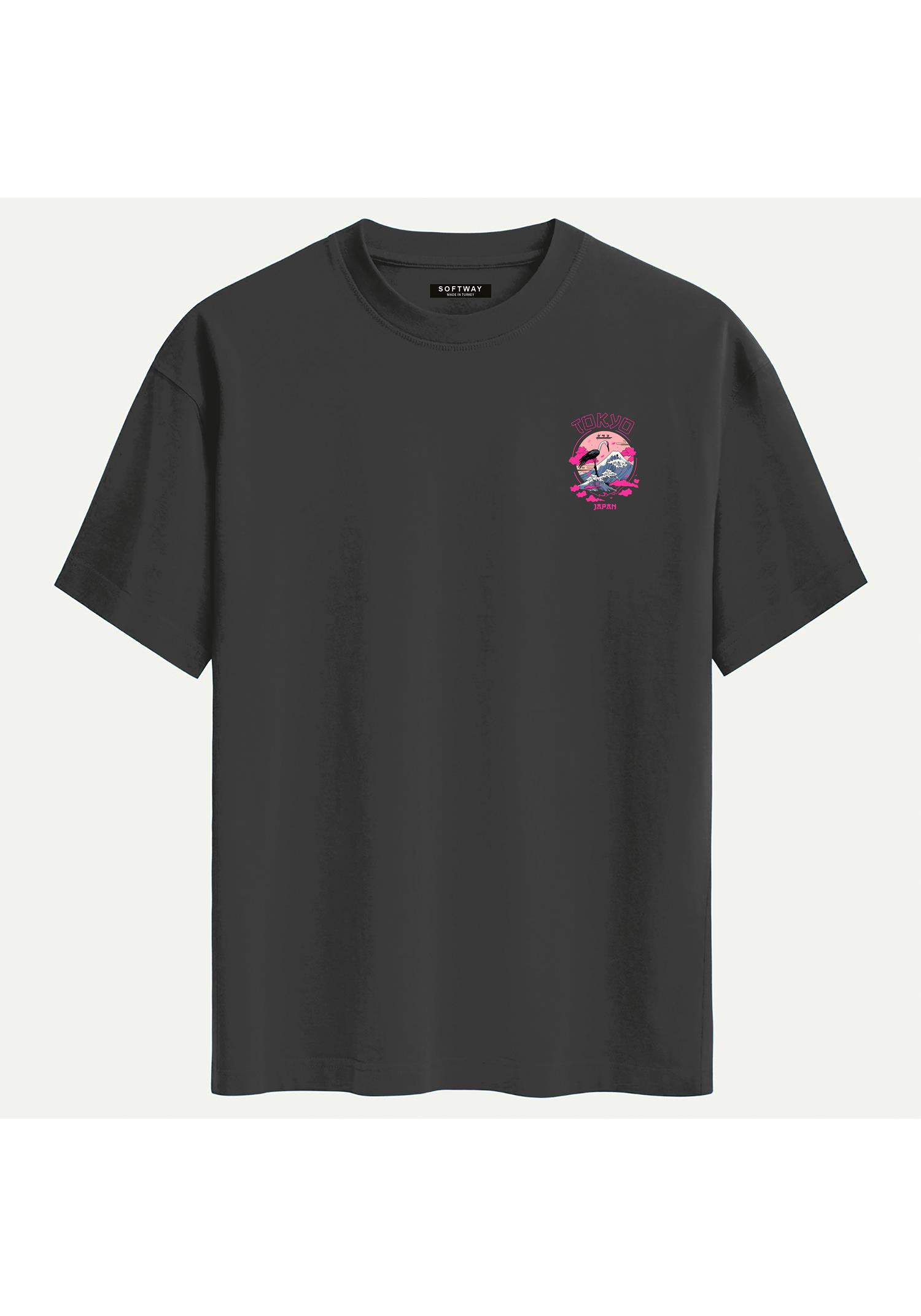Unisex Bisiklet Yaka %100 Organik Pamuklu Kalın Dokulu Tokyo Baskılı Oversize T-shirt - FÜME