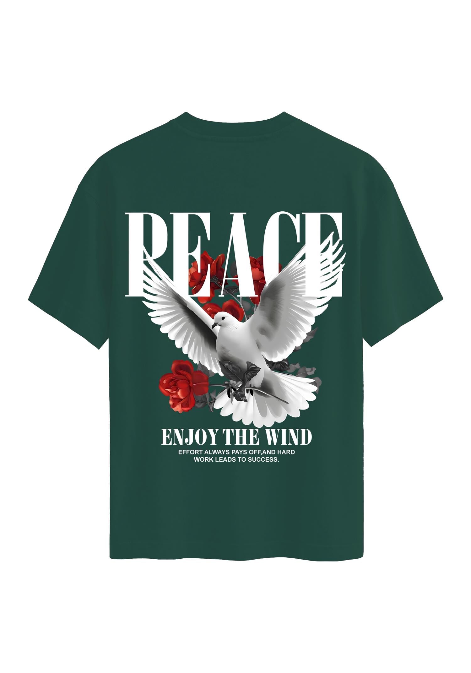 Unisex Bisiklet Yaka %100 Organik Pamuklu Kalın Dokulu Peace Baskılı Oversize T-shirt - KOYU YEŞİL