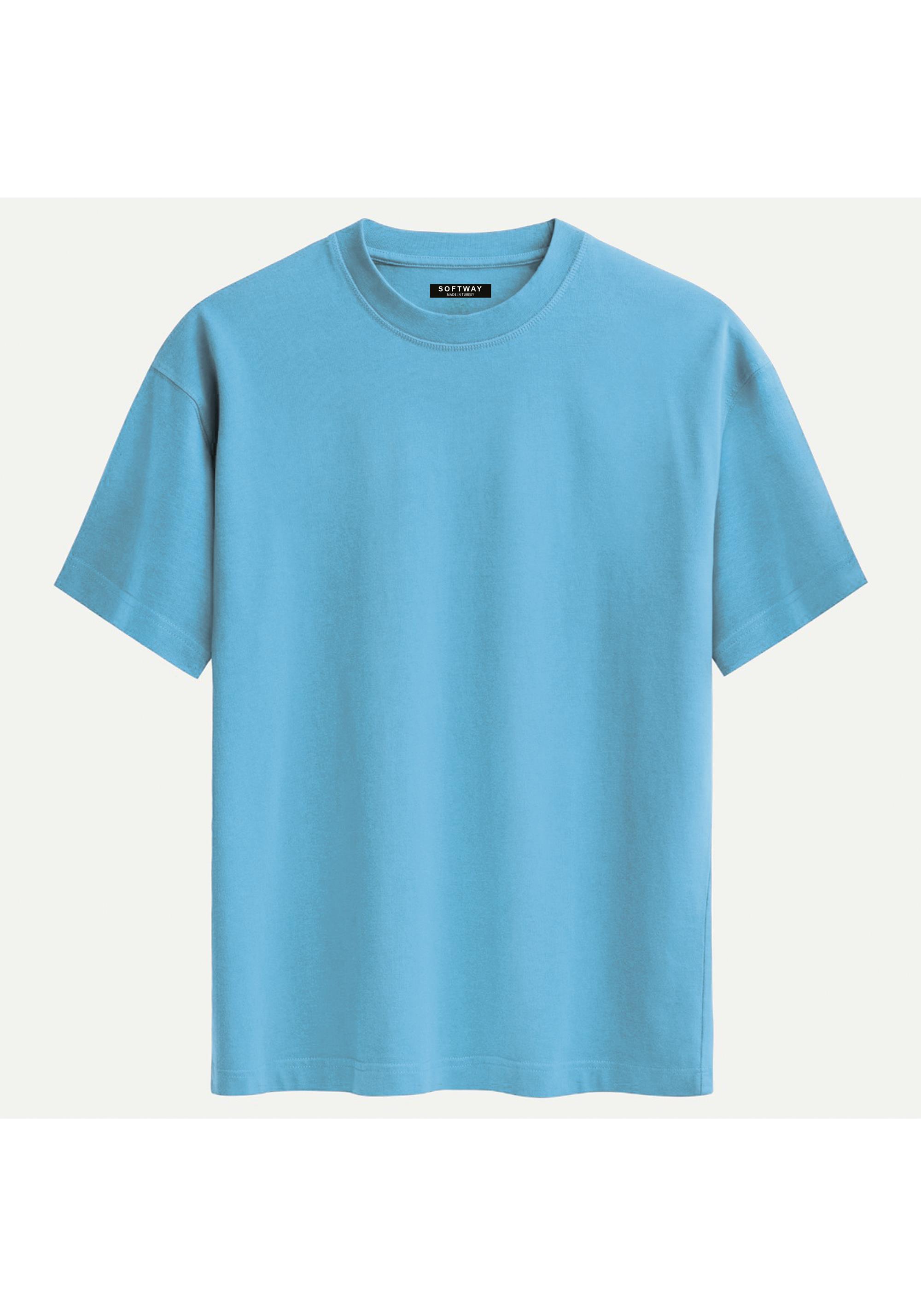 Unisex Bisiklet Yaka %100 Organik Pamuklu Kalın Dokulu Tom Baskılı Oversize T-shirt - MAVİ