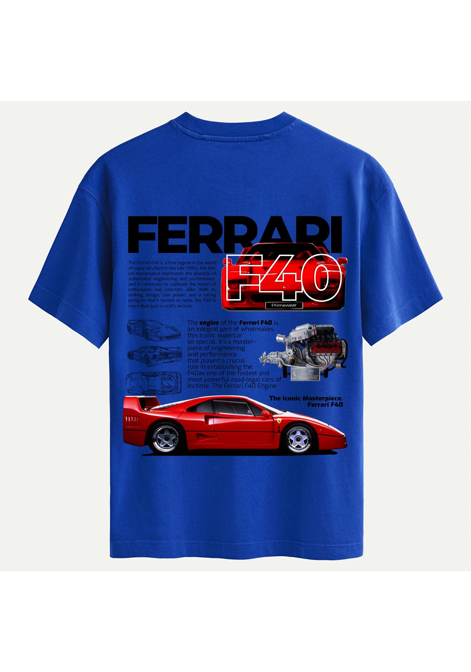 Unisex Bisiklet Yaka %100 Organik Pamuklu Kalın Dokulu Ferrari F40 Baskılı Oversize T-shirt - SAKS MAVİSİ
