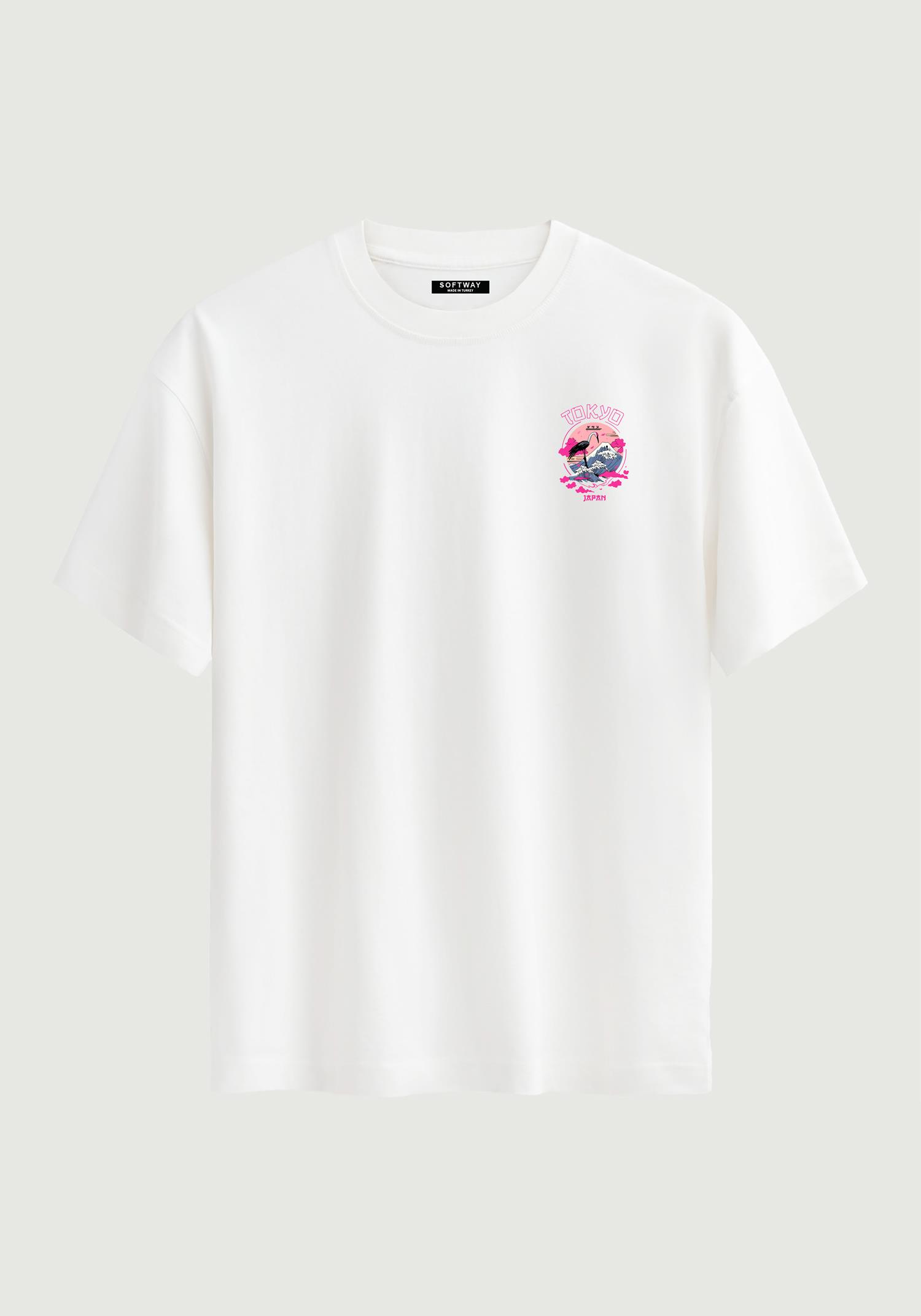 Unisex Bisiklet Yaka %100 Organik Pamuklu Kalın Dokulu Tokyo Baskılı Oversize T-shirt - BEYAZ