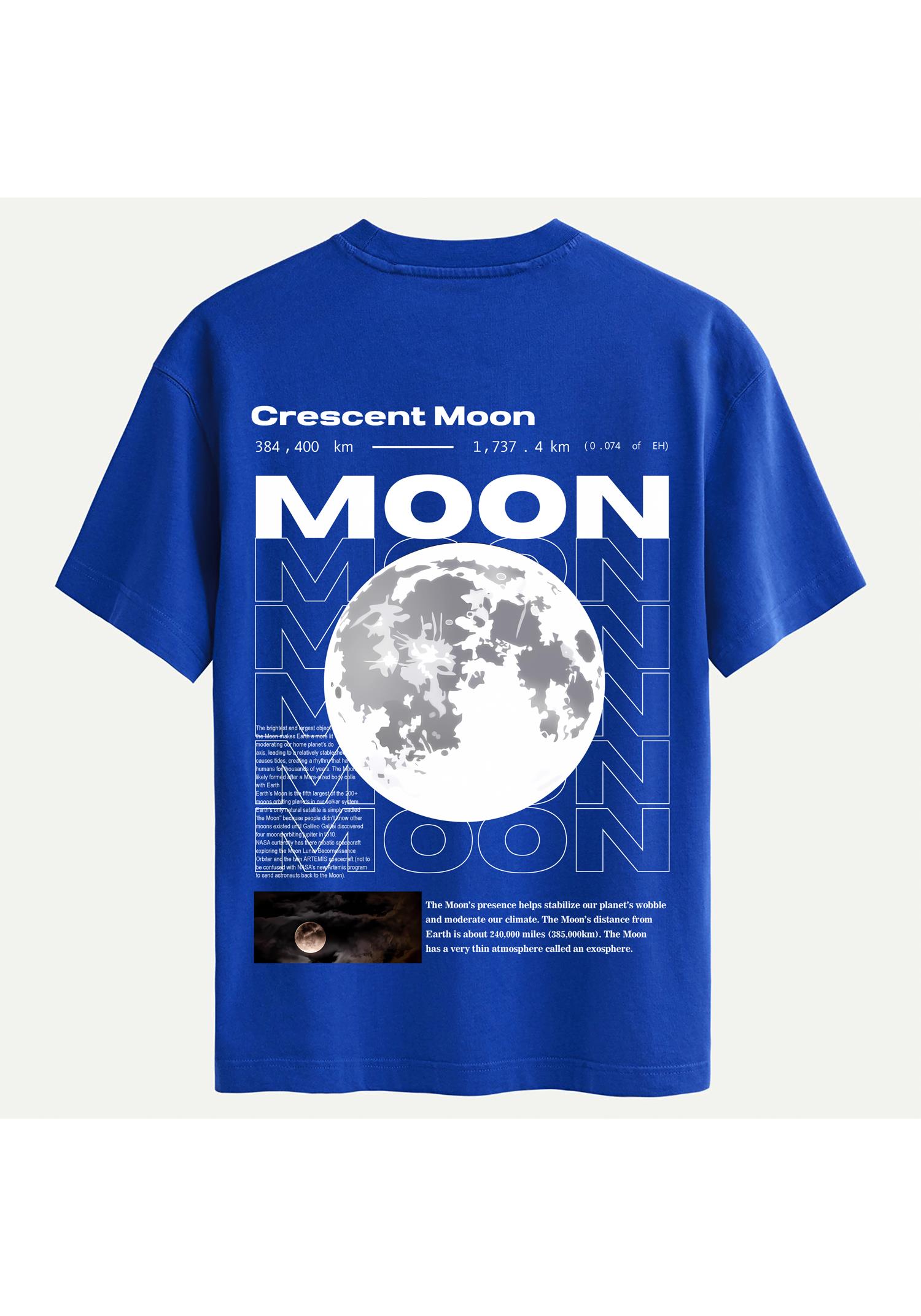 Unisex Bisiklet Yaka %100 Organik Pamuklu Kalın Dokulu Moon Baskılı Oversize T-shirt - SAKS MAVİSİ
