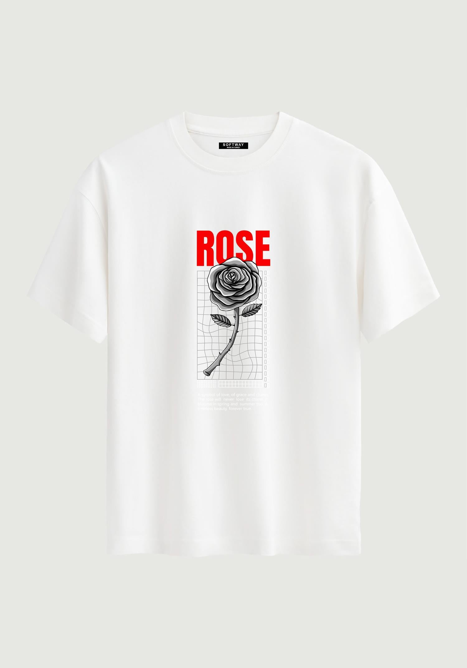 Unisex Bisiklet Yaka %100 Organik Pamuklu Kalın Dokulu Rose Baskılı Oversize T-shirt - BEYAZ