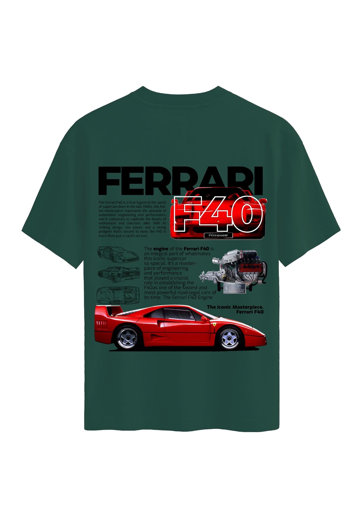 Unisex Bisiklet Yaka %100 Organik Pamuklu Kalın Dokulu Ferrari F40 Baskılı Oversize T-shirt - KOYU YEŞİL