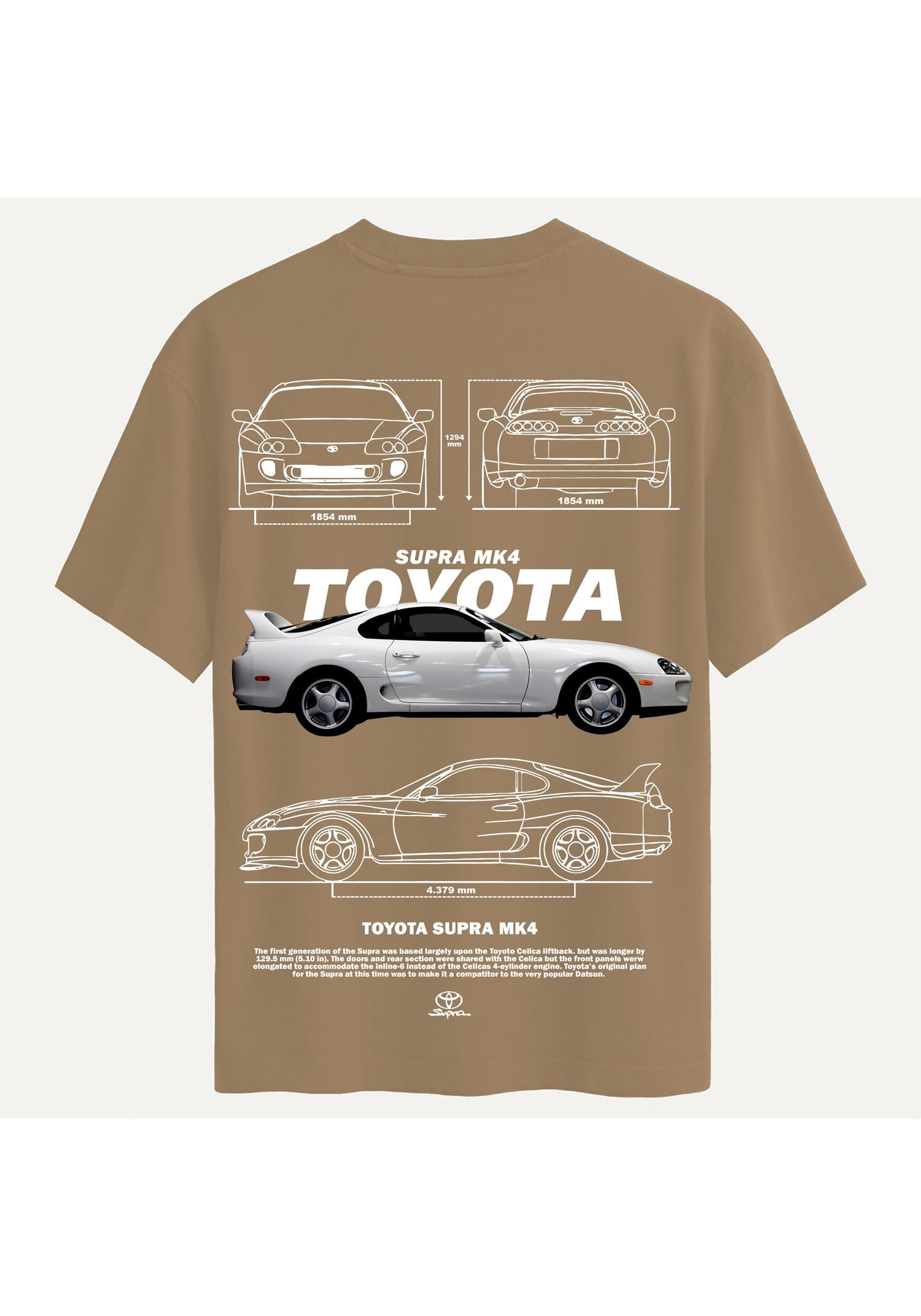 Unisex Bisiklet Yaka %100 Organik Pamuklu Kalın Dokulu Toyota Supra mk4 Baskılı Oversize T-shirt - AÇIK KAHVERENGİ