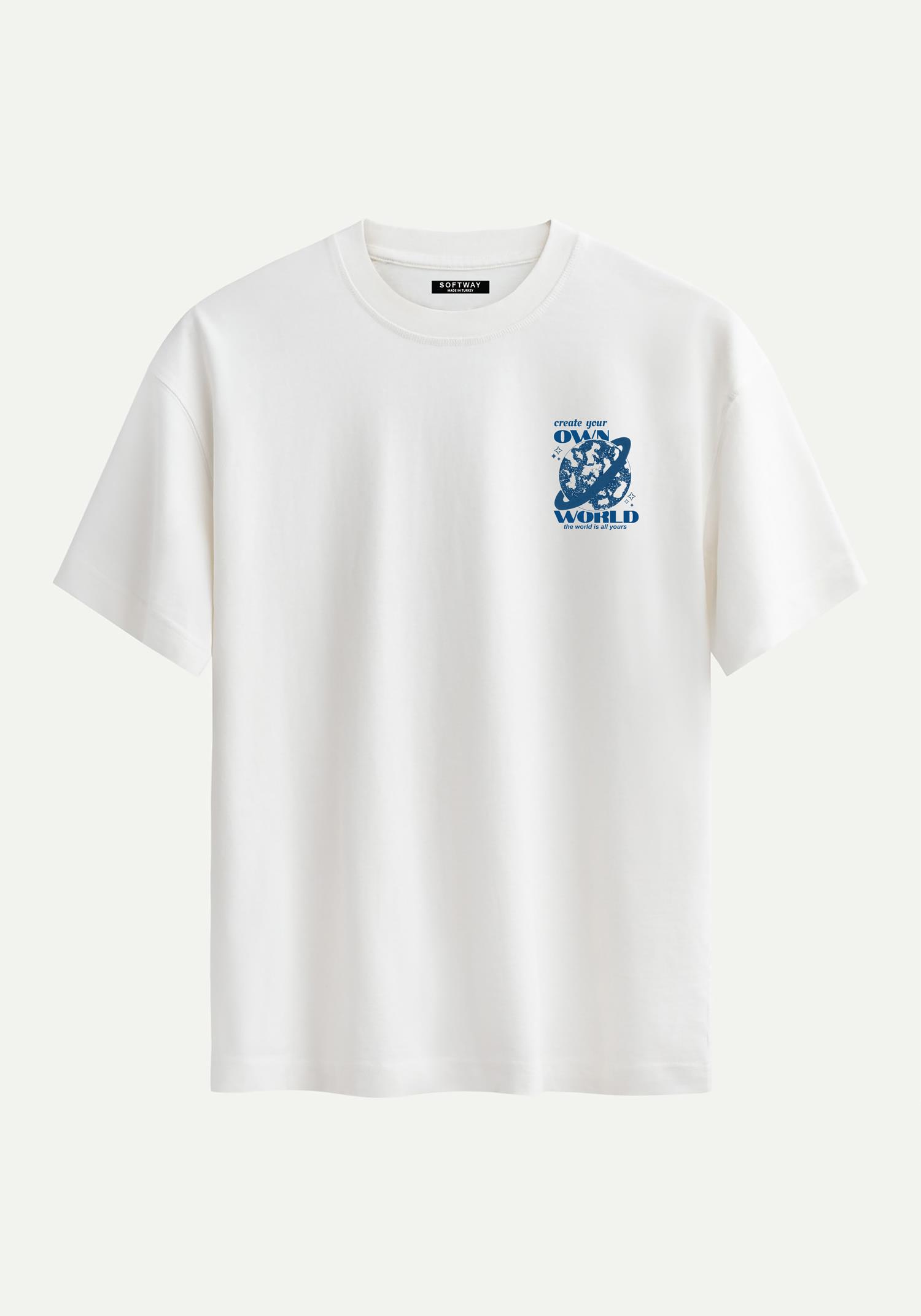 Unisex Bisiklet Yaka %100 Organik Pamuklu Kalın Dokulu Own World Baskılı Oversize T-shirt - EKRU