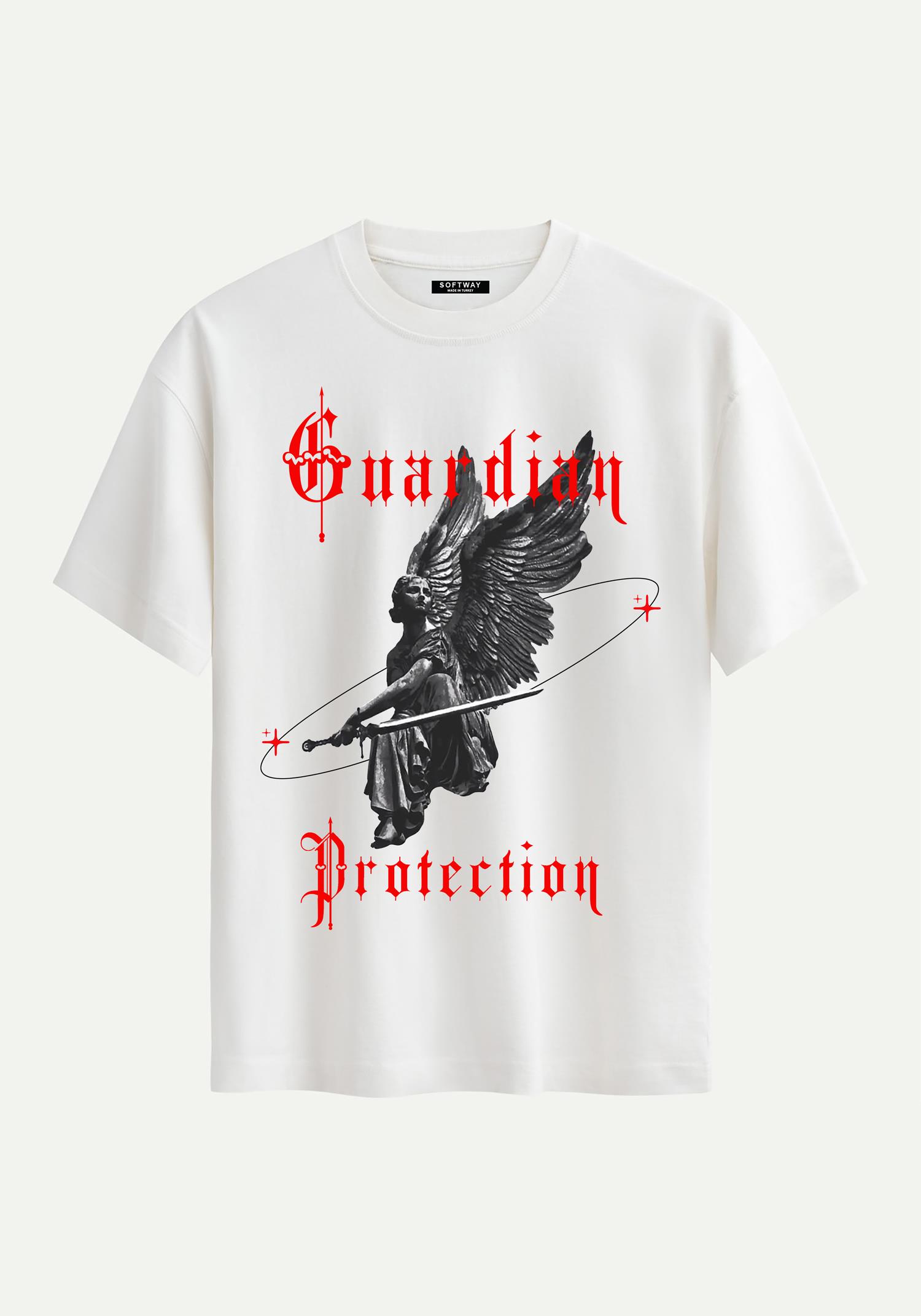 Unisex Bisiklet Yaka %100 Organik Pamuklu Kalın Dokulu Guardian Protection Baskılı Oversize T-shirt - EKRU