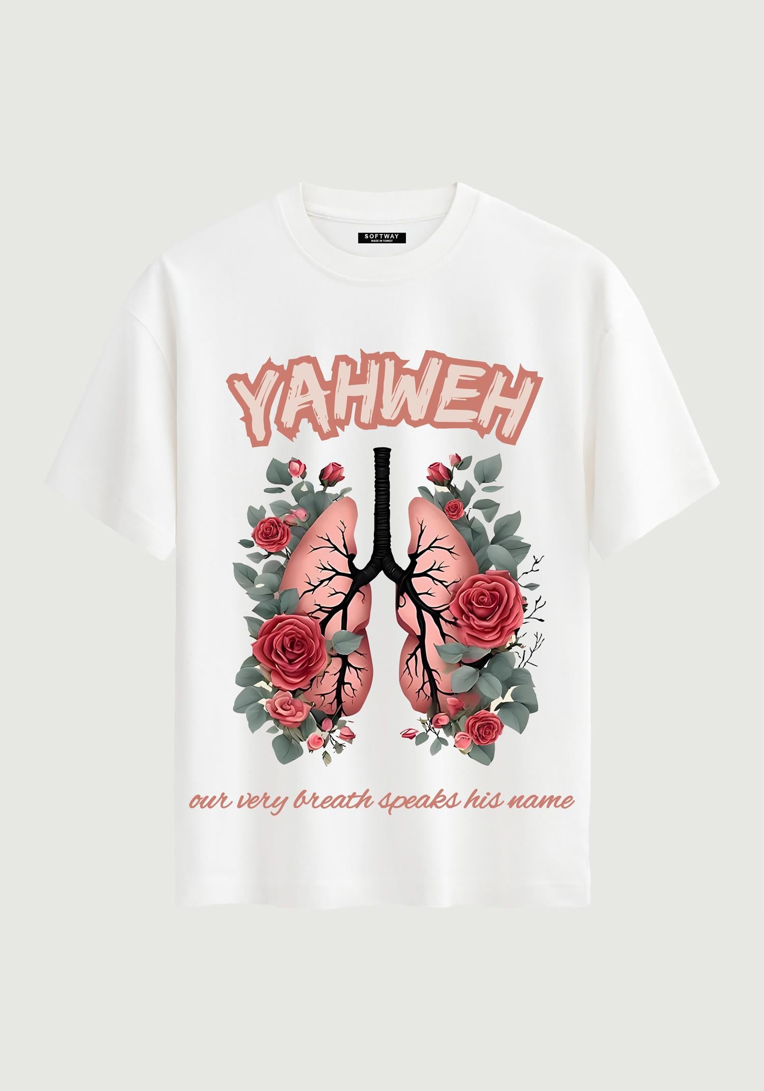 Unisex Bisiklet Yaka %100 Organik Pamuklu Kalın Dokulu YAHWEH Baskılı Oversize T-shirt - BEYAZ