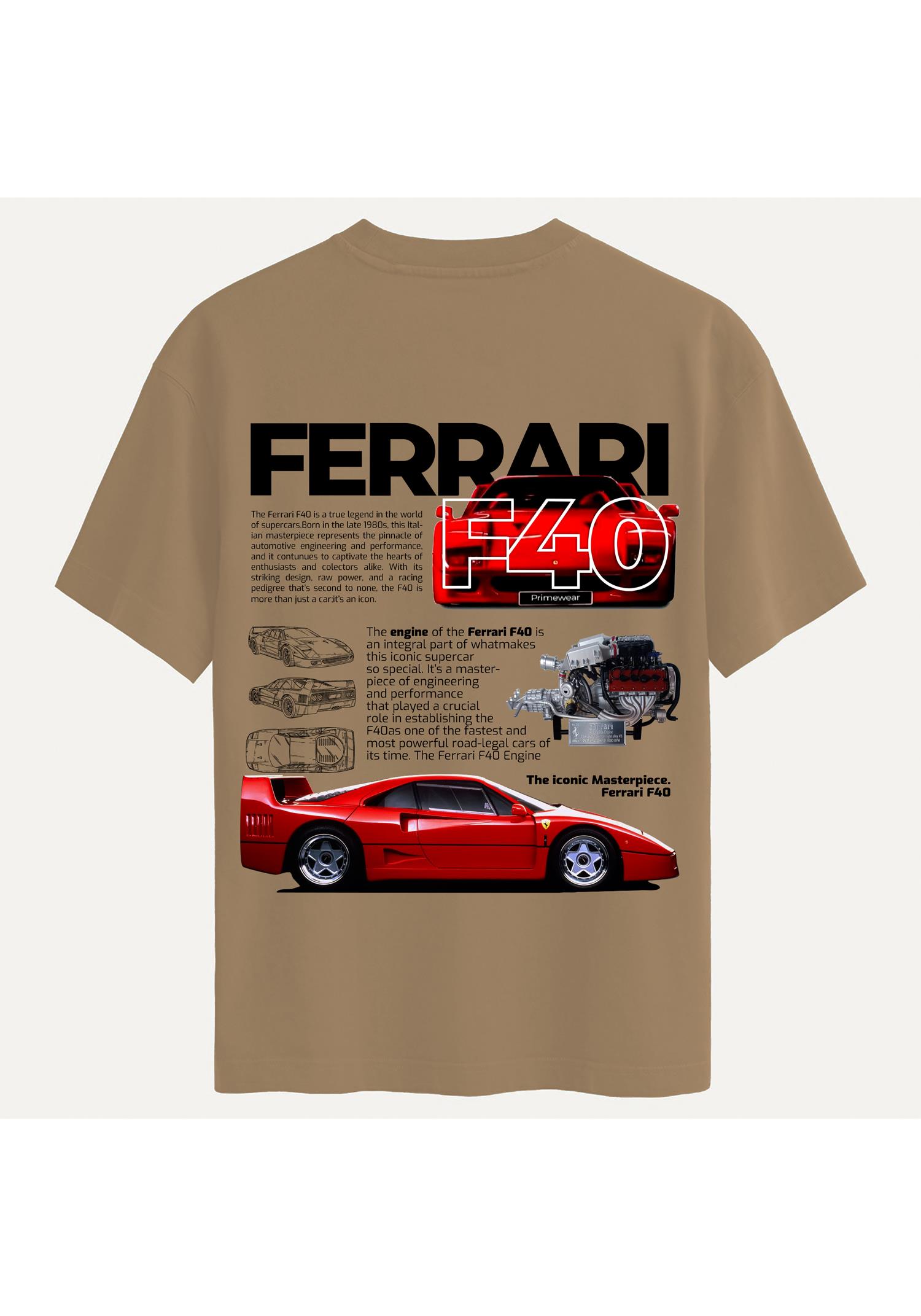 Unisex Bisiklet Yaka %100 Organik Pamuklu Kalın Dokulu Ferrari F40 Baskılı Oversize T-shirt - AÇIK KAHVERENGİ