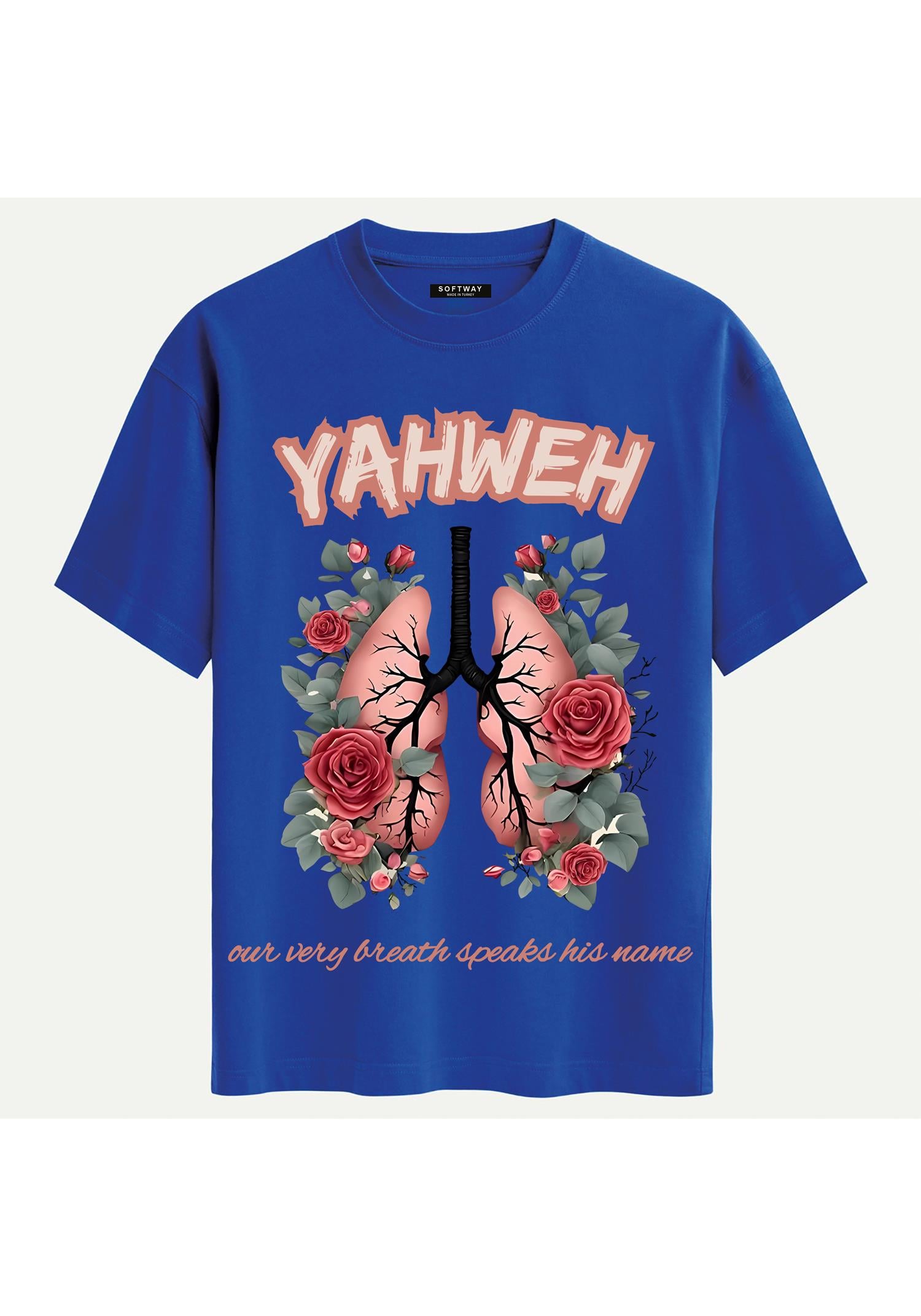 Unisex Bisiklet Yaka %100 Organik Pamuklu Kalın Dokulu YAHWEH Baskılı Oversize T-shirt - SAKS MAVİSİ