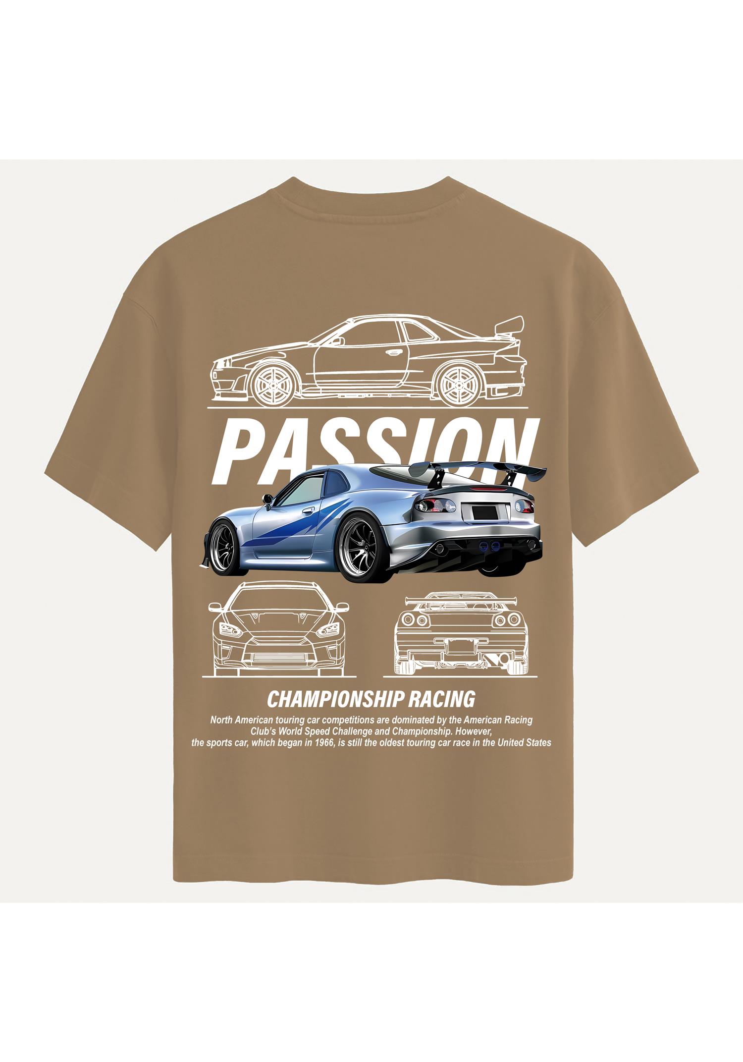 Unisex Bisiklet Yaka %100 Organik Pamuklu Kalın Dokulu Passion Baskılı Oversize T-shirt - AÇIK KAHVERENGİ