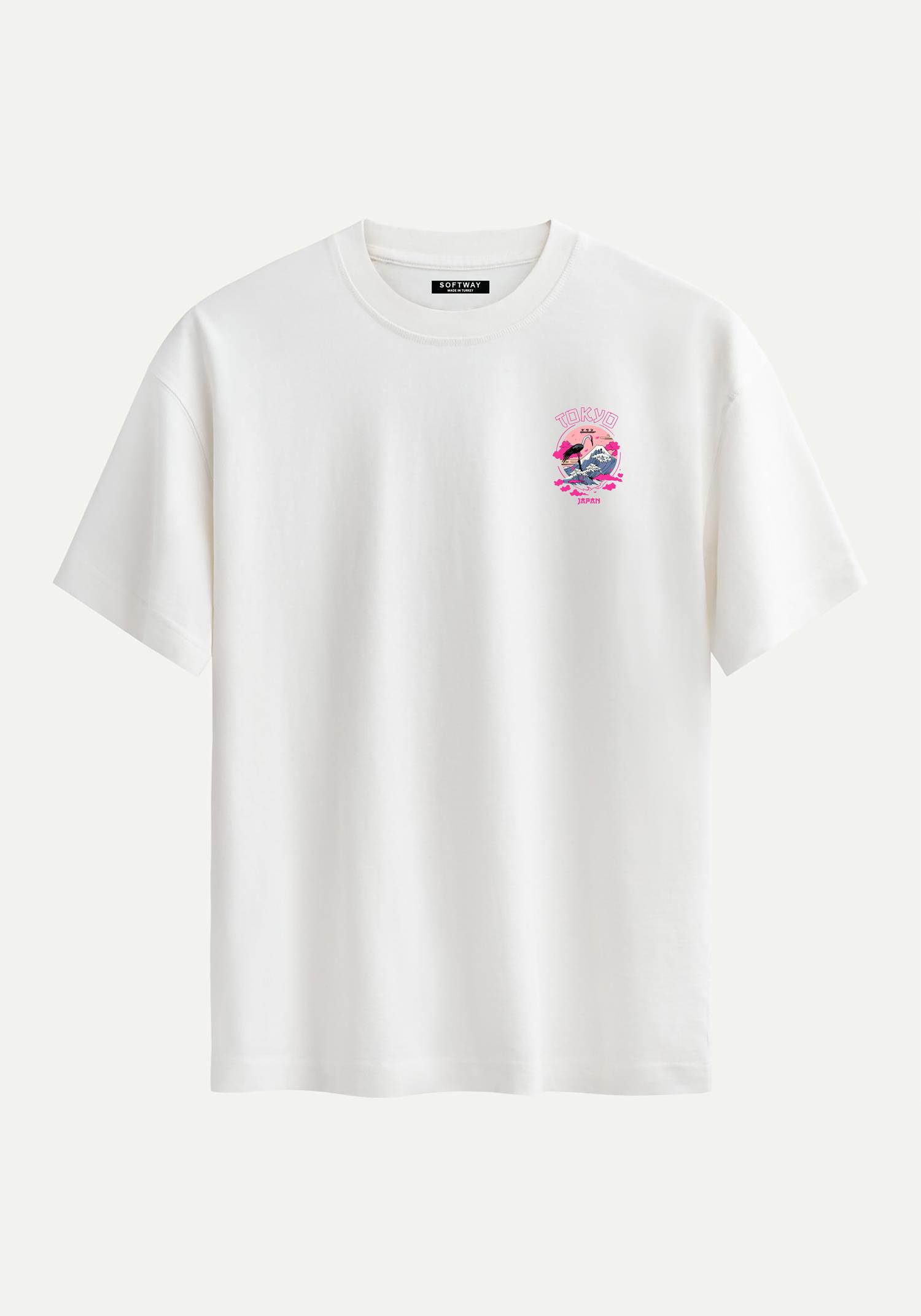 Unisex Bisiklet Yaka %100 Organik Pamuklu Kalın Dokulu Tokyo Baskılı Oversize T-shirt - EKRU