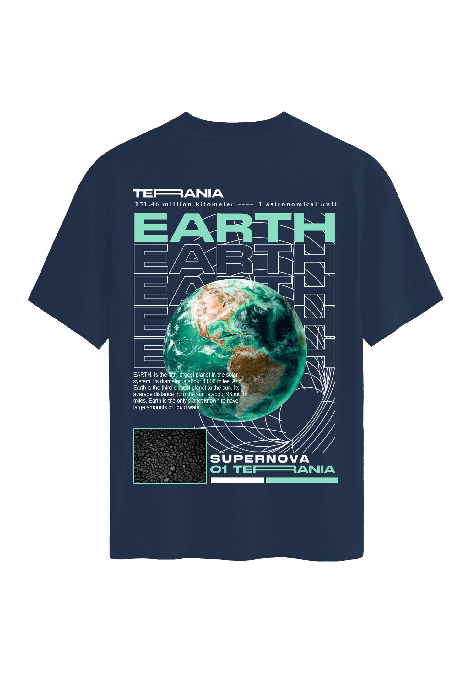 Unisex Bisiklet Yaka %100 Organik Pamuklu Kalın Dokulu Earth Baskılı Oversize T-shirt - LACİVERT