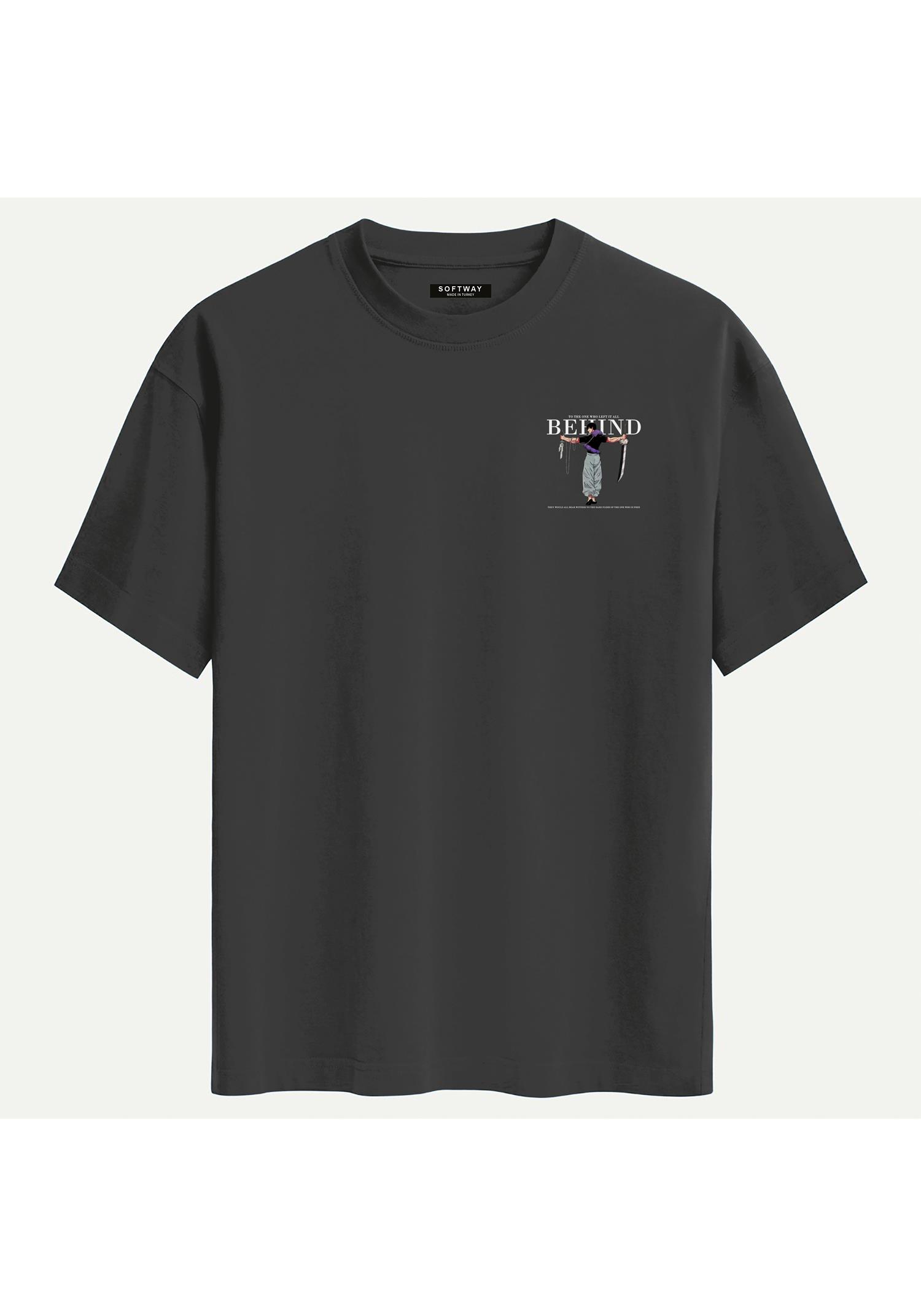 Unisex Bisiklet Yaka %100 Organik Pamuklu Kalın Dokulu Behind Baskılı Oversize T-shirt - FÜME